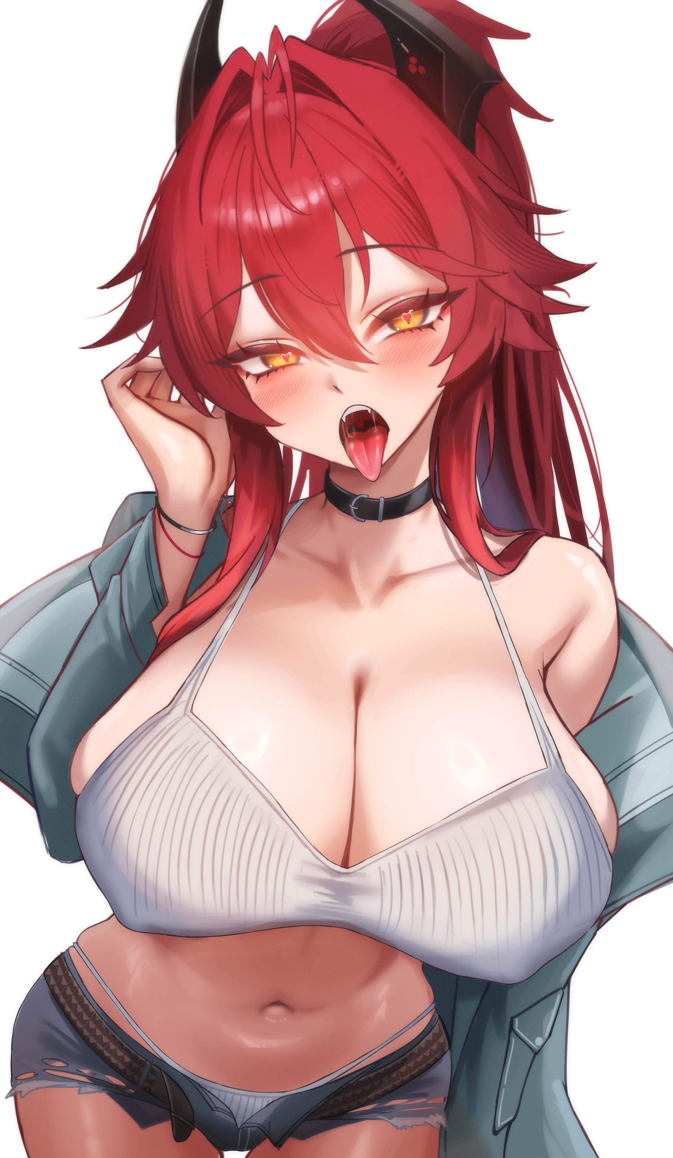 maviss 03, red hood (nikke), red hood (retro days) (nikke), goddess of victory: nikke, absurdres, commentary, english commentary, highres, paid reward available, 1girl, alternate breast size (larger), belt collar, bra, breasts, cleavage, collar, collarbone, denim, denim shorts, grey jacket, horns, huge breasts, jacket, long hair, mechanical horns, navel, official alternate costume, open fly, orange eyes, panties, ponytail, red hair, shorts, simple background, solo, stomach, tongue, tongue out, underwear, very long hair, white background, white bra, white panties
