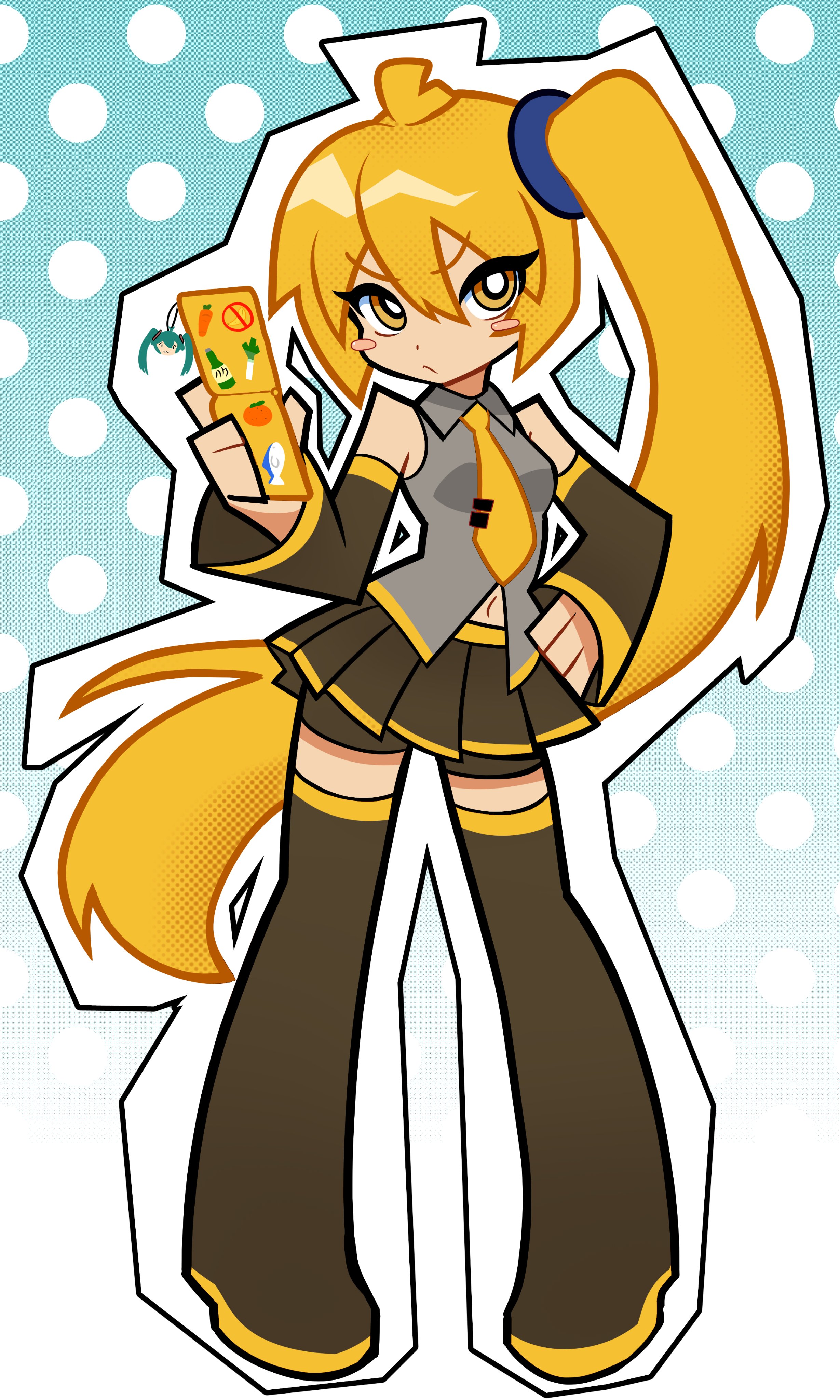 satokocel, akita neru, hatsune miku, vocaloid, absurdres, highres, 1girl, :<, angry, antenna hair, bare shoulders, bike shorts, bike shorts under skirt, black boots, black skirt, blonde hair, blush stickers, boots, bright pupils, cellphone, cellphone charm, charm (object), collared shirt, detached sleeves, flip phone, grey shirt, hair between eyes, hair ornament, halftone, hand on own hip, holding, holding phone, long hair, looking at viewer, midriff peek, navel, necktie, phone, pleated skirt, polka dot, polka dot background, shirt, side ponytail, skirt, solo, sticker, tie clip, v-shaped eyebrows, white pupils, yellow eyes, yellow necktie