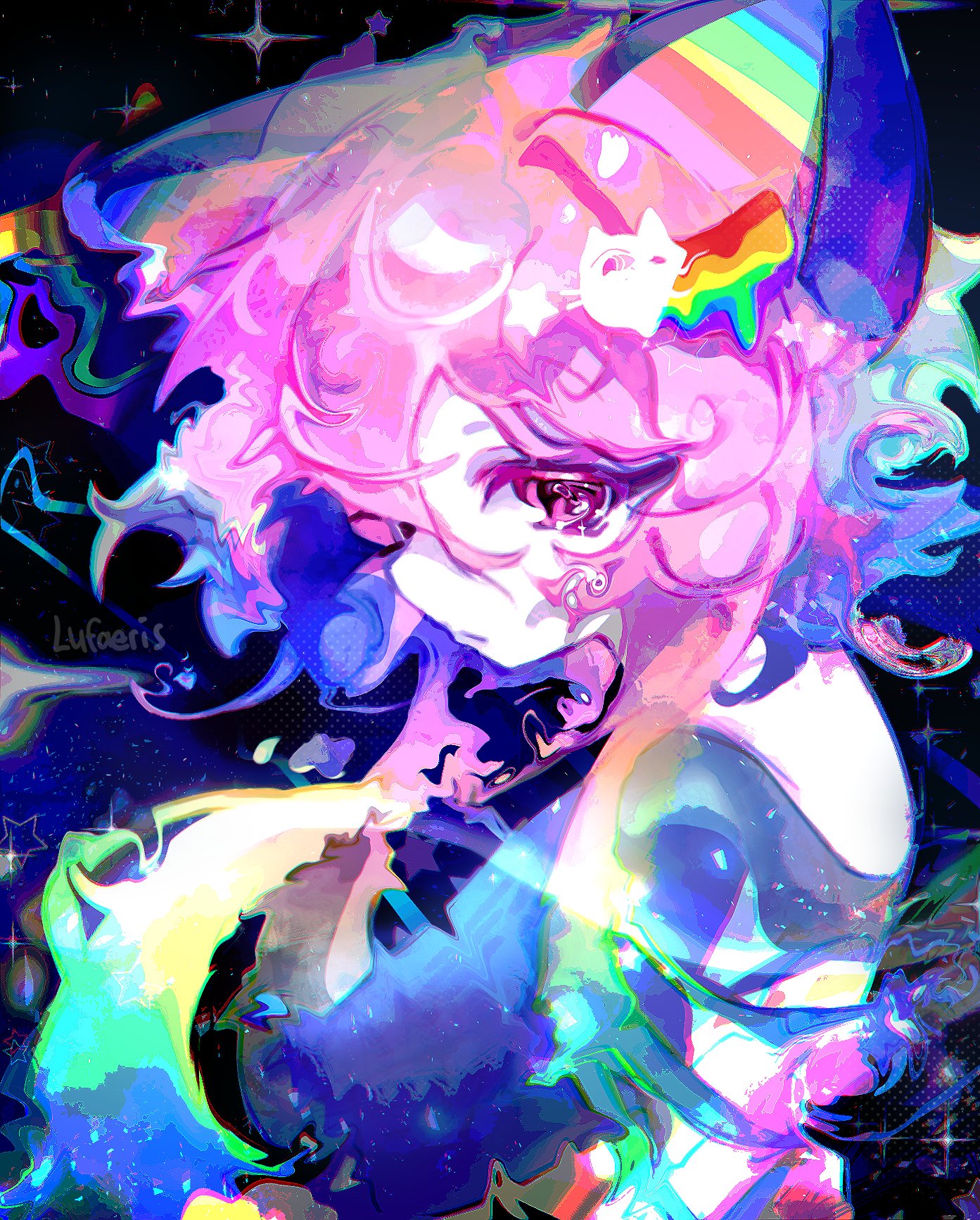cloud (lufaeris), original, highres, 1girl, abstract, animal ears, blue background, cat ears, cat girl, closed mouth, colorful, distortion, from side, gradient hair, looking at viewer, multicolored hair, parted bangs, pink eyes, pink hair, rainbow hair ornament, short hair with long locks, solo, upper body