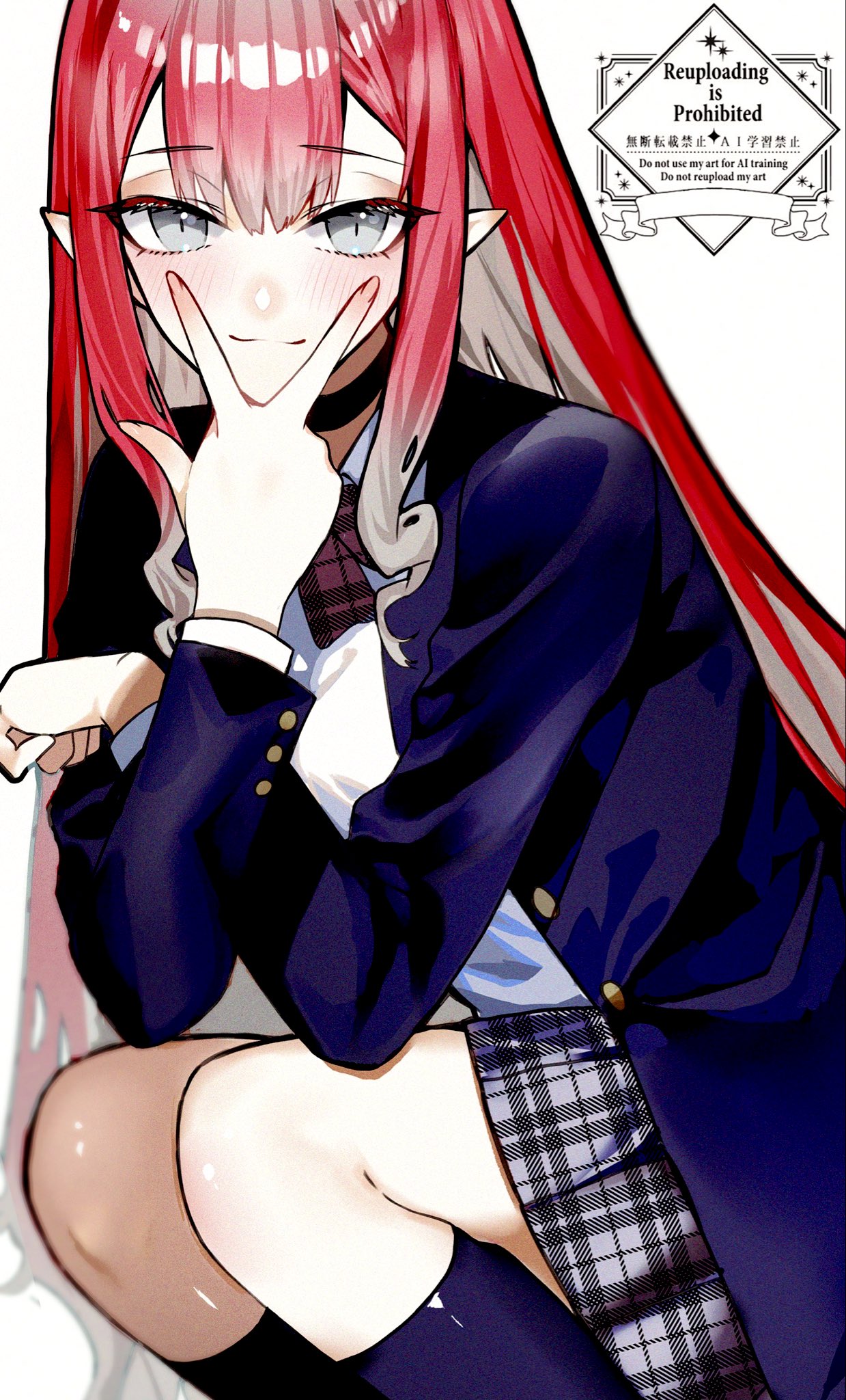 kabosoi mangaka, baobhan sith (fate), fate/grand order, fate (series), commentary request, highres, 1girl, blue shirt, blue socks, blush, grey eyes, long hair, looking at viewer, open clothes, pointy ears, red hair, shirt, skirt, smile, socks, solo, squatting, watermark, white shirt