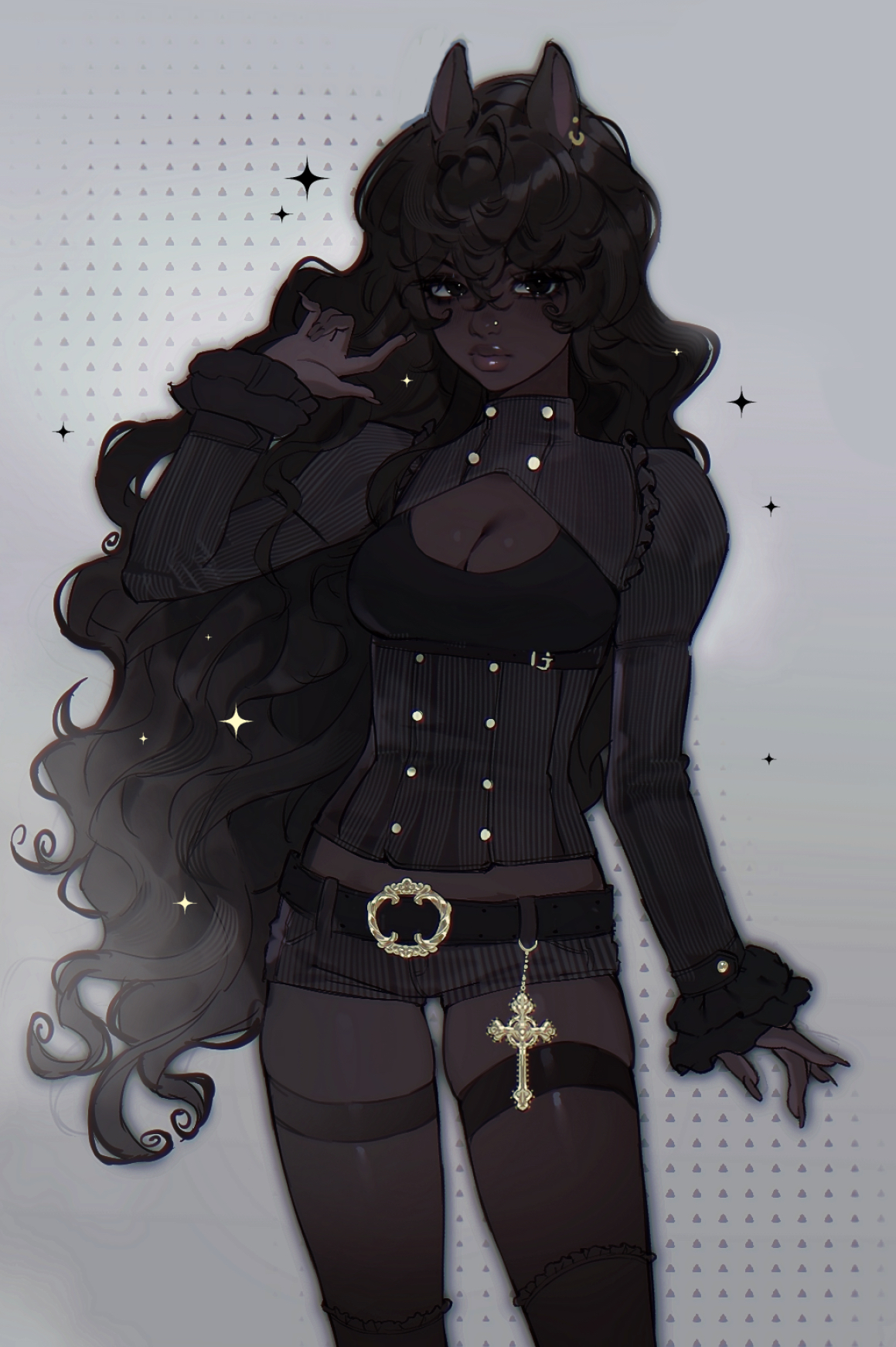 noisykoala, original, commentary, english commentary, highres, 1girl, m/, aegyo sal, animal ear piercing, animal ears, belt, belt charm, black belt, black eyes, black hair, black shirt, black shorts, black skin, black socks, breasts, buttoned cuffs, buttons, charm (object), cleavage, cleavage cutout, closed mouth, clothing cutout, colored skin, cowboy shot, cross, curly hair, dark-skinned female, dark skin, double-parted bangs, eyelashes, eyeshadow, face piercing, fashion, fingernails, friesian horse girl, frilled sleeves, frilled socks, frills, gold buttons, gold cross, gold piercing, grey background, grey outline, hair over shoulder, hand up, high belt, high collar, horse ears, horse girl, juliet sleeves, kneehighs, lipgloss, long fingernails, long hair, long sleeves, looking to the side, makeup, medium breasts, midriff peek, nose piercing, outline, piercing, puffy sleeves, shirt, short shorts, shorts, skindentation, smokey eyeshadow, socks, sparkle background, striped clothes, striped shirt, striped shorts, thick lips, thigh strap, tight clothes, underbust, vertical-striped clothes, vertical-striped shirt, vertical-striped shorts, very long hair