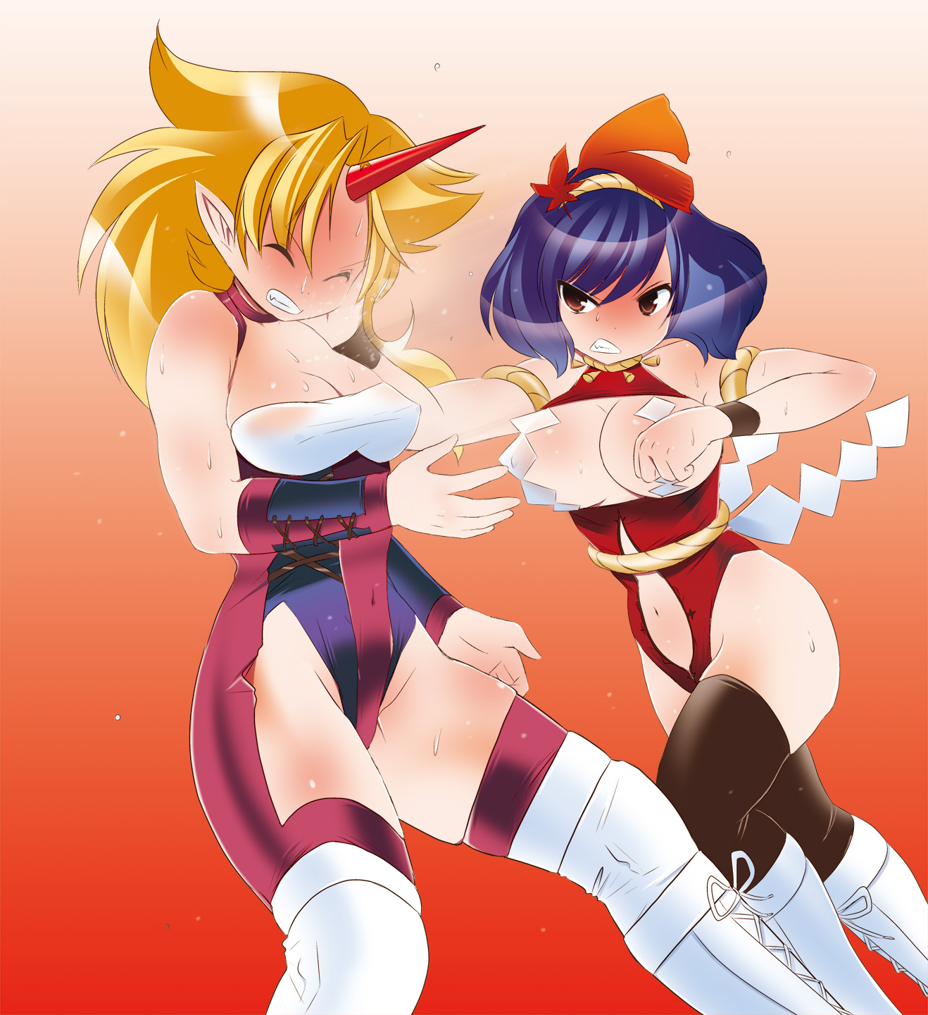 dei shirou, hoshiguma yuugi, yasaka kanako, touhou, highres, 2girls, angry, blonde hair, boots, breasts, cleavage, closed eyes, female focus, horns, large breasts, multiple girls, pointy ears, purple hair, single horn, sweat, thighhighs, wrestling