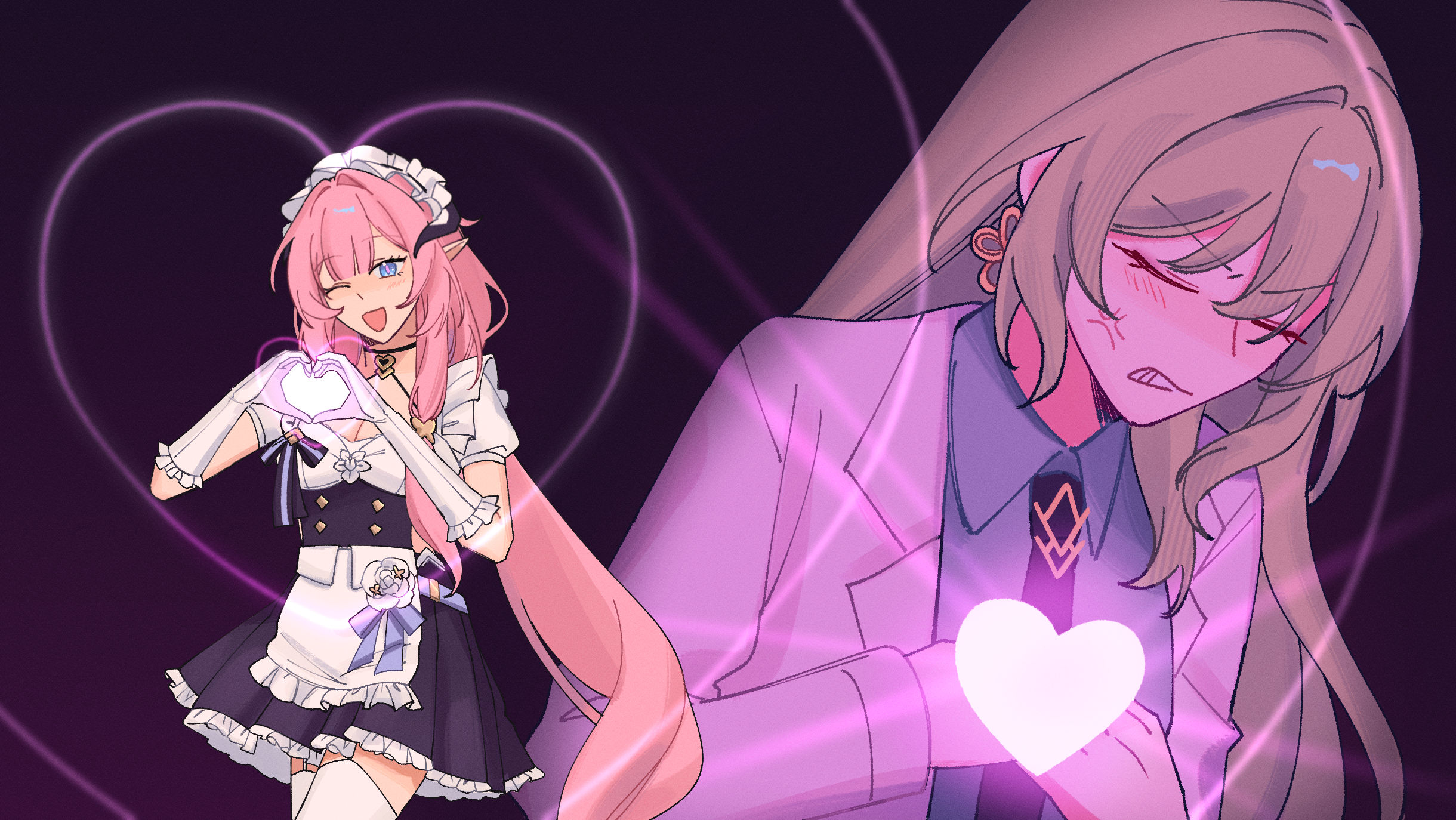 rena (rrena), elysia (honkai impact), elysia (miss pink) (honkai impact), elysia (miss pink elf) (honkai impact), mobius (honkai impact), mobius (pre-surgery) (honkai impact), honkai (series), honkai impact 3rd, commentary, highres, 2girls, apron, blue eyes, breasts, large breasts, long hair, maid, maid apron, maid headdress, multiple girls, official alternate costume, pink hair, very long hair, yuri