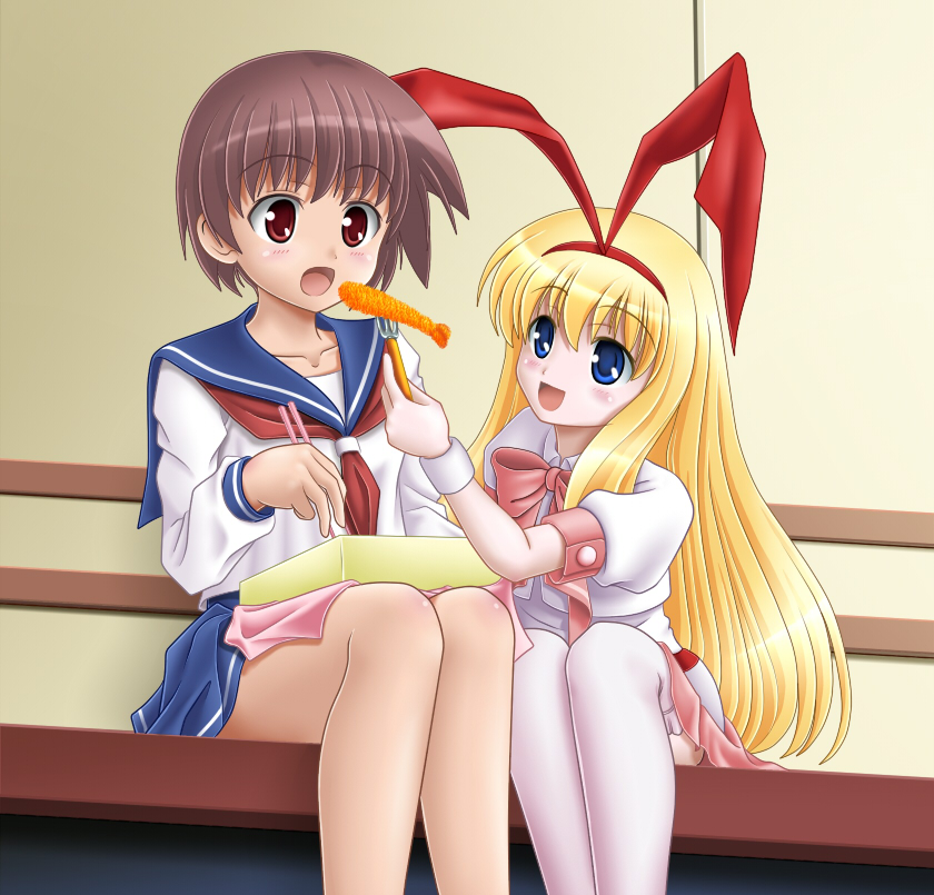 mushoku no hourousha, amae koromo, miyanaga saki, saki (manga), 00s, 2girls, animal ears, bento, blonde hair, blue eyes, blush, bow, brown hair, chopsticks, crustacean, eating, food, fork, multiple girls, neckerchief, rabbit ears, red eyes, red neckerchief, school uniform, serafuku, short hair, shrimp, shrimp tempura, sitting, tempura, thighhighs