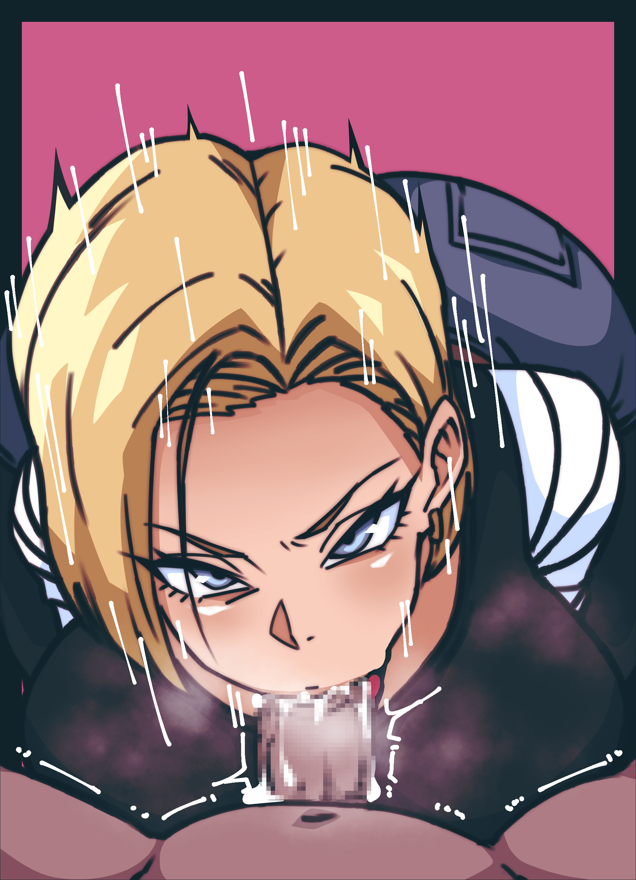 hman, android 18, dragon ball, dragonball z, 1boy, 1girl, blonde hair, breasts, fellatio, huge breasts, large breasts, oral