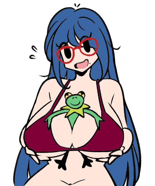 murgoten, kermit the frog, margaux (murgoten), muppets, 1boy, 1girl, animal, between breasts, bikini, black eyes, blue hair, breasts, cleavage, flying sweatdrops, frog, glasses, grabbing own breast, large breasts, long hair, looking at viewer, mole, mole under mouth, open mouth, smile, swimsuit, upper body, white background
