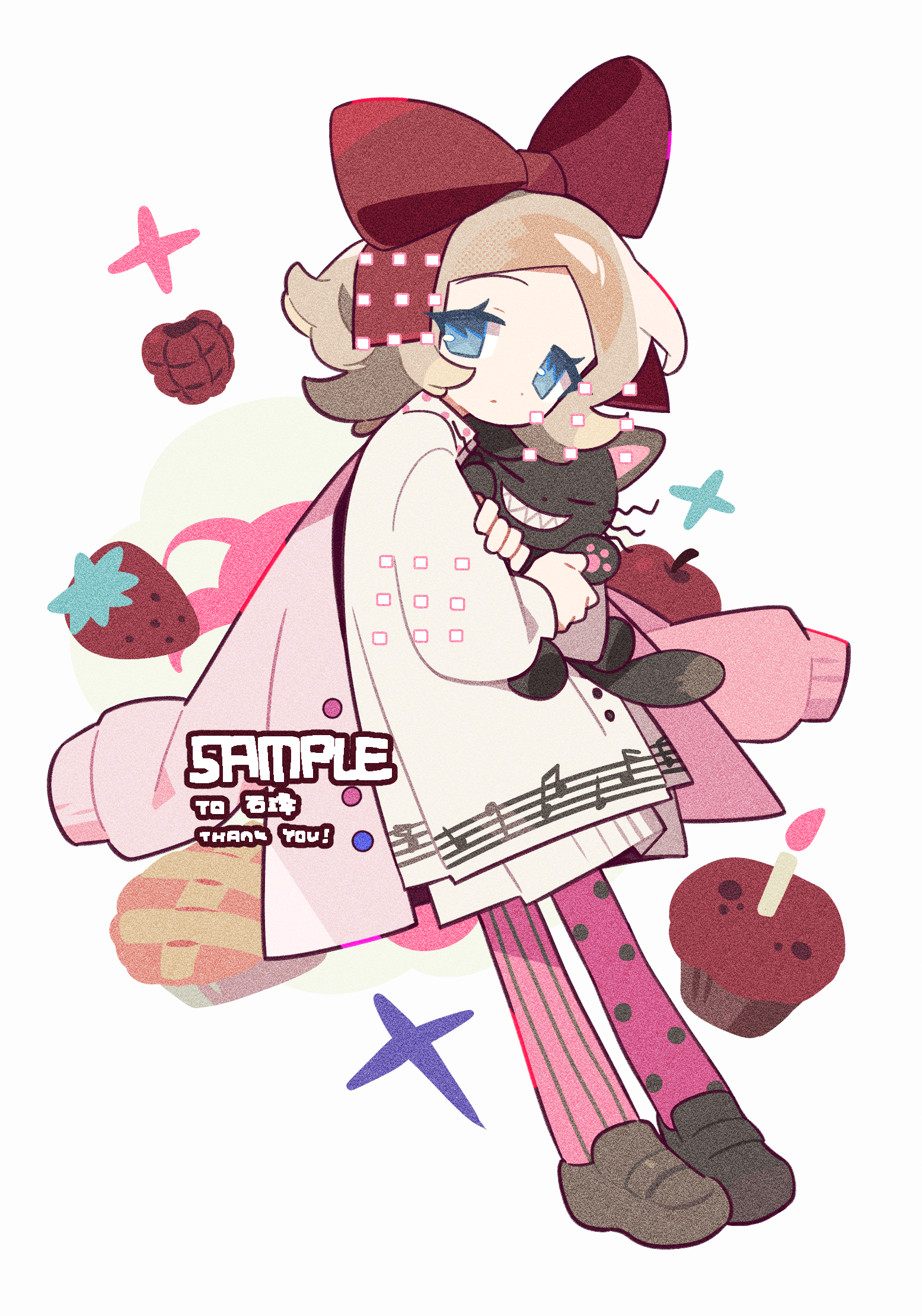 meimei (wakamoid), original, highres, 1girl, animal, asymmetrical legwear, blonde hair, blue eyes, bow hairband, brown shoes, candle, cardigan, cat, closed mouth, cupcake, dress, food, fruit, full body, hairband, holding, holding animal, long sleeves, looking at viewer, mismatched legwear, open cardigan, open clothes, pantyhose, pie, pink cardigan, pink pantyhose, polka dot, polka dot pantyhose, red hairband, sample watermark, shoes, short hair, simple background, solo, standing, strawberry, striped clothes, striped pantyhose, watermark, white background, white dress