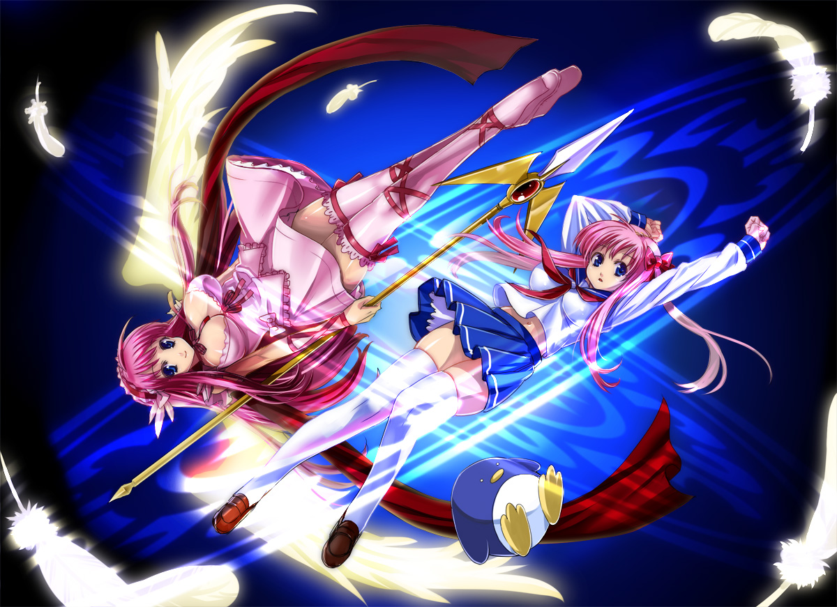 fujimon, haramura nodoka, nodocchi, saki (manga), pink legwear, white legwear, bad id, bad pixiv id, 00s, bird, blue eyes, breasts, cleavage, dual persona, feathers, huge breasts, long hair, penguin, pink hair, scarf, school uniform, serafuku, skirt, smile, thighhighs, twintails, wings