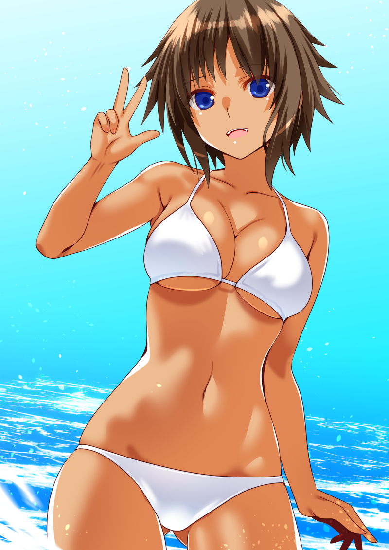 engo (aquawatery), original, commentary request, commission, pixiv commission, 1girl, bare shoulders, bikini, blue eyes, blush, breasts, brown hair, dark-skinned female, dark skin, large breasts, looking at viewer, navel, open mouth, outdoors, short hair, smile, solo, swimsuit, v, wading, white bikini