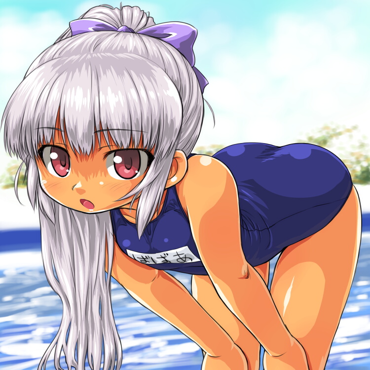 dd (ijigendd), 3.1-tan, os-tan, silver hair, bad id, bad pixiv id, 1girl, bent over, blue one-piece swimsuit, blush, child, female focus, hair ribbon, high ponytail, long hair, ocean, one-piece swimsuit, pink eyes, ponytail, ribbon, school swimsuit, solo, swimsuit