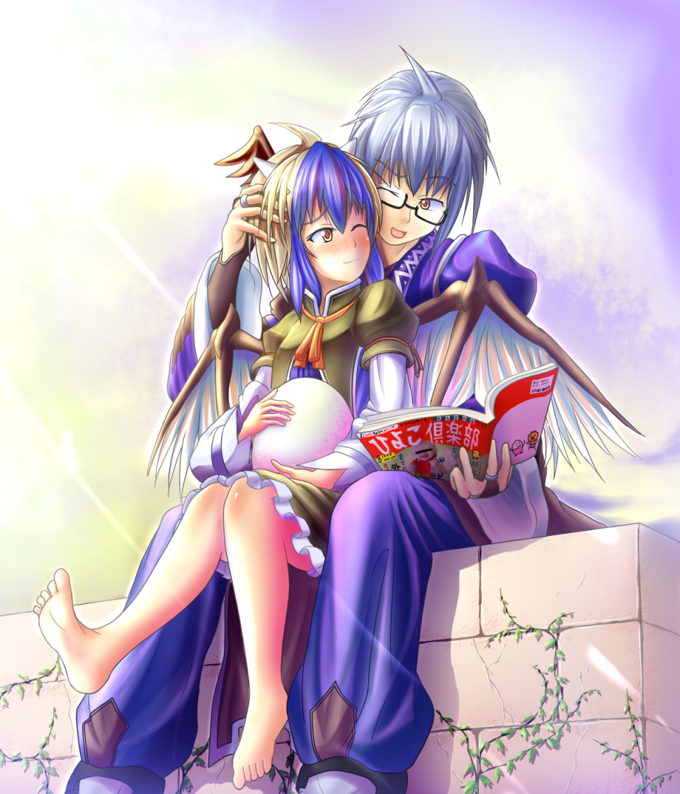 hinami (hinatamizu), aka-san, morichika rinnosuke, tokiko (touhou), curiosities of lotus asia, touhou, bad id, bad pixiv id, 1boy, 1girl, bad anatomy, bad feet, barefoot, blush, couple, egg, glasses, head wings, hetero, horns, japanese clothes, multicolored hair, poorly drawn, red eyes, ribbon, short hair, sitting, sitting on lap, sitting on person, wings
