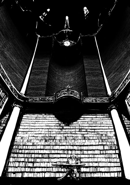 nekoita, oisin, patchouli knowledge, touhou, bad id, bad pixiv id, 1girl, book, clock, female focus, greyscale, indoors, library, monochrome, scenery, solo, voile