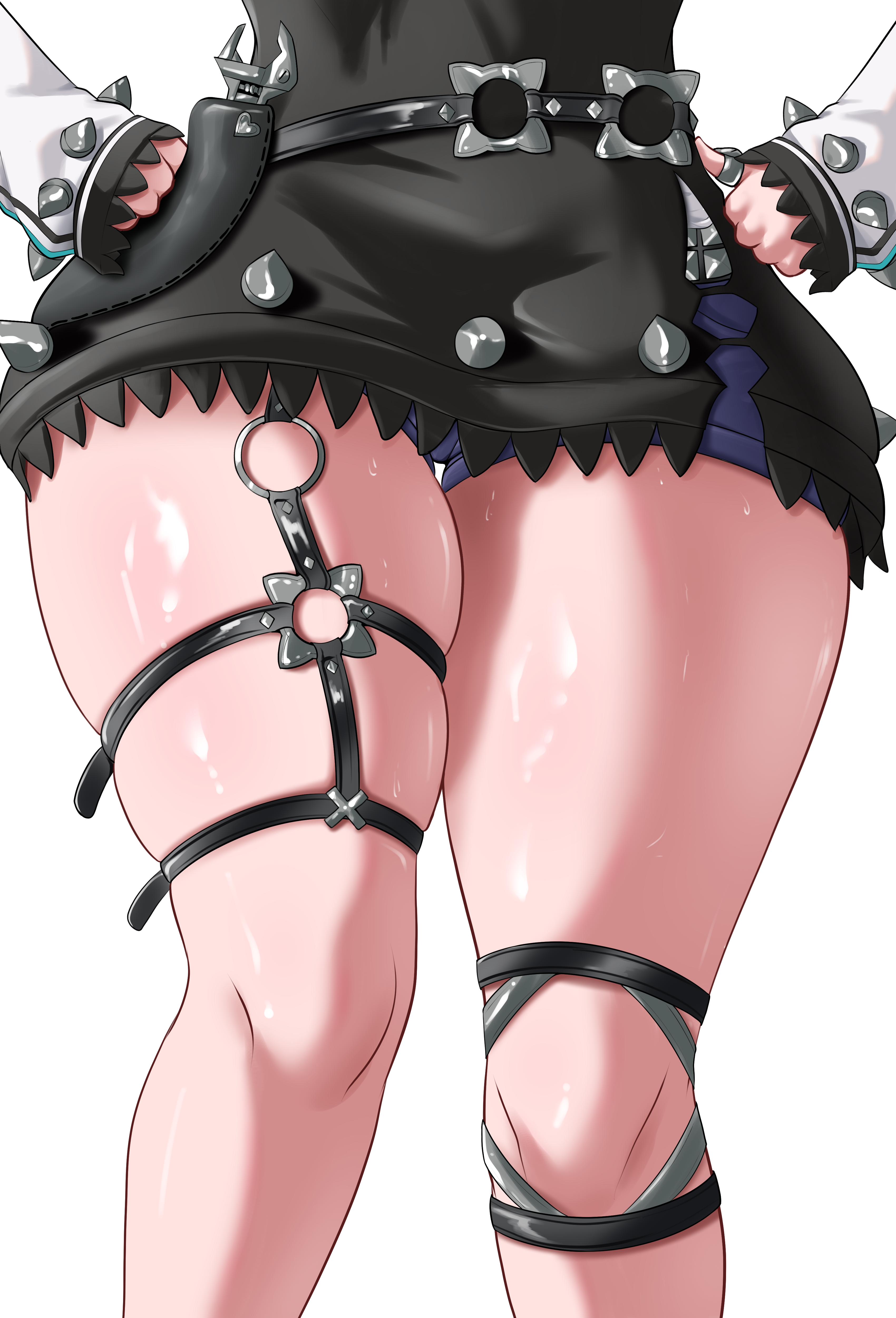 armanditto, rindo chihaya, hololive, hololive dev is, absurdres, commentary, english commentary, highres, 1girl, close-up, garter belt, head out of frame, knee strap, leg focus, lower body, o-ring, o-ring garter belt, o-ring thigh strap, shiny skin, simple background, skindentation, solo, spiked dress, spiked sleeves, standing, sweat, thick thighs, thigh focus, thigh strap, thighs, virtual youtuber, white background