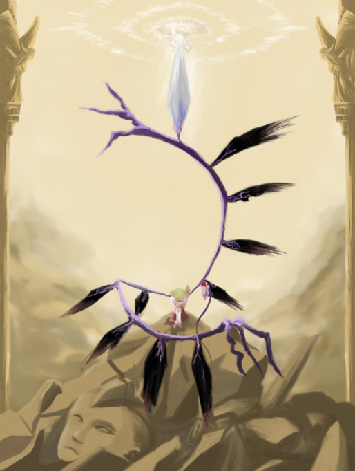 oisin, flandre scarlet, touhou, 1girl, blonde hair, cloud, female focus, hat, hugging own legs, red shoes, ribbon, ruins, shoes, skirt, socks, solo, statue, wings