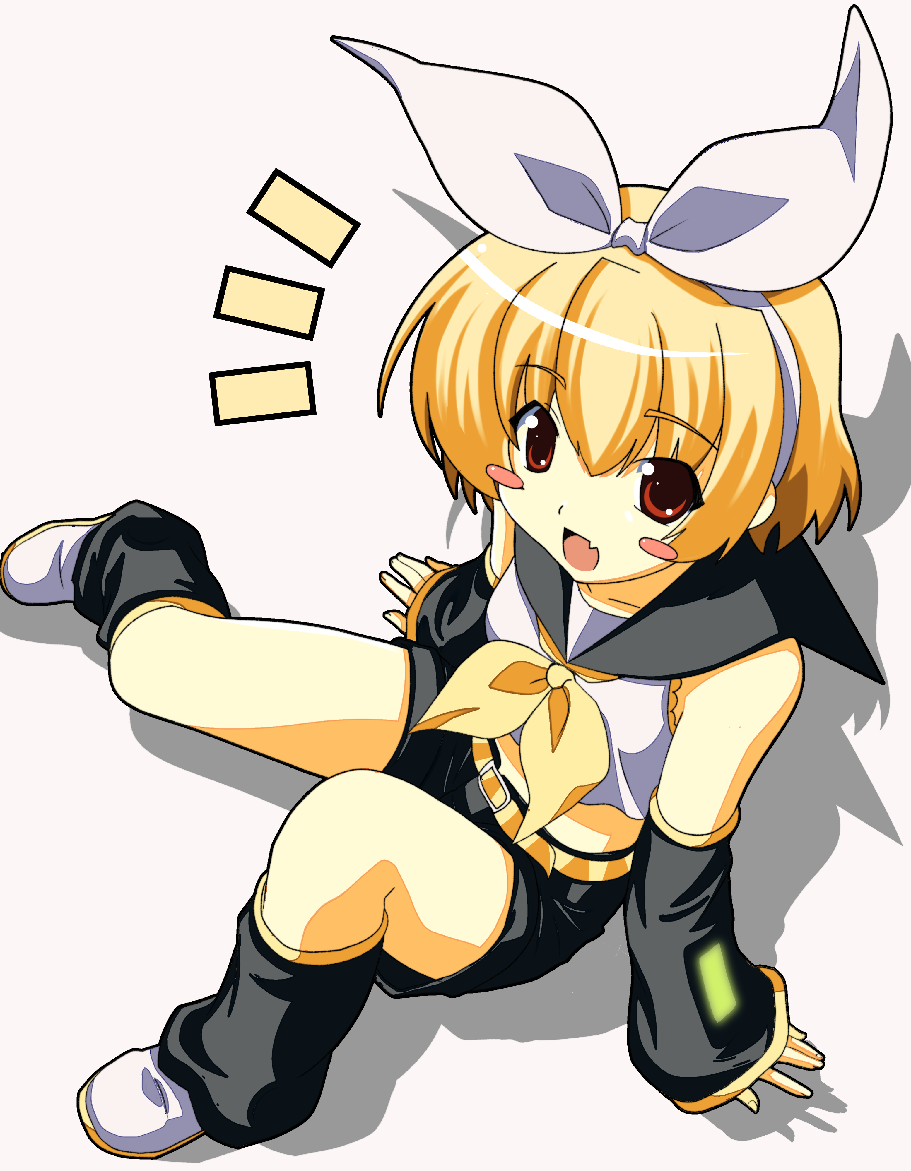 satokocel, houjou satoko, kagamine rin, higurashi no naku koro ni, vocaloid, absurdres, highres, 1girl, :d, belt, black leg warmers, black sailor collar, black shorts, blonde hair, blush, blush stickers, bow, cosplay, detached sleeves, fang, hair between eyes, hair bow, hair ornament, hairband, kagamine rin (cosplay), leg warmers, looking at viewer, neckerchief, notice lines, on floor, open mouth, red eyes, sailor collar, shadow, shirt, shoes, short hair, shorts, simple background, sitting, skin fang, smile, solo, white background, white bow, white hairband, white shirt, white shoes, yellow belt, yellow neckerchief