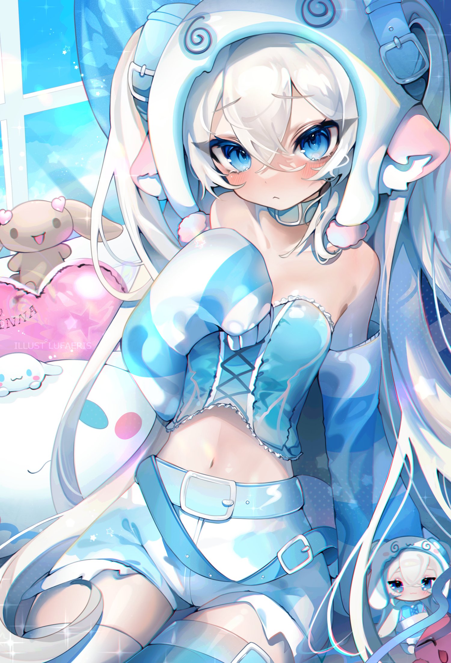 cloud (lufaeris), original, commentary, highres, symbol-only commentary, 1girl, animal ears, bare shoulders, belt, belt buckle, blue belt, blue bodice, blue eyes, blue shorts, blush, bodice, breasts, buckle, character doll, closed mouth, cowboy shot, crossed bangs, detached sleeves, doll, double-parted bangs, hair between eyes, heart, hood, hood up, long hair, long sleeves, looking at viewer, midriff, navel, short shorts, shorts, sleeves past fingers, sleeves past wrists, small breasts, solo, star (symbol), stuffed animal, stuffed rabbit, stuffed toy, very long hair, white hair