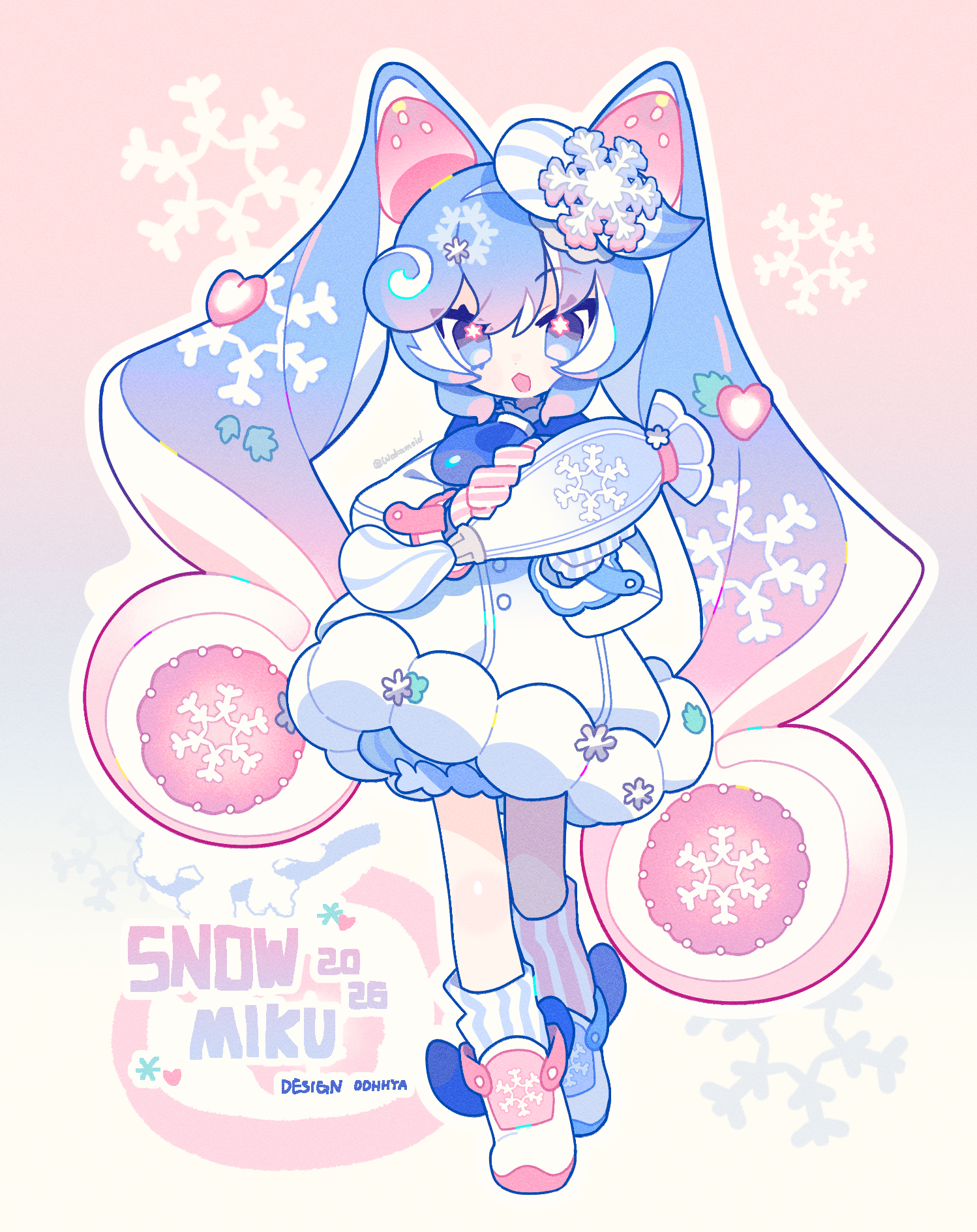 meimei (wakamoid), hatsune miku, yuki miku, yuki miku (2026) (candidate no.4), vocaloid, highres, 1girl, :d, asymmetrical footwear, asymmetrical gloves, asymmetrical legwear, blue eyes, blue gloves, blue hair, blue shoes, blue socks, character name, dress, food-themed hair ornament, full body, gloves, gradient background, gradient hair, hair ornament, long hair, long sleeves, mismatched footwear, mismatched gloves, mismatched legwear, multicolored hair, open mouth, pink gloves, pink hair, pink shoes, pink socks, shoes, smile, socks, solo, standing, strawberry hair ornament, striped clothes, striped gloves, striped socks, twintails, vertical-striped clothes, vertical-striped socks, white dress