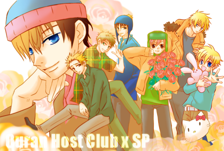 sakurapanda, butters stotch, craig tucker, eric cartman, kenny mccormick, kyle broflovski, stan marsh, tweek tweak, hello kitty, ouran high school host club, sanrio, south park, 6+boys, animification, beanie, black hair, blonde hair, blue eyes, brown eyes, chullo, coat, earflap hat, everyone, flower, fur hat, green eyes, hat, hat pompom, jacket, male focus, multiple boys, pants, parody, red hair, short hair, stuffed animal, stuffed rabbit, stuffed toy, ushanka