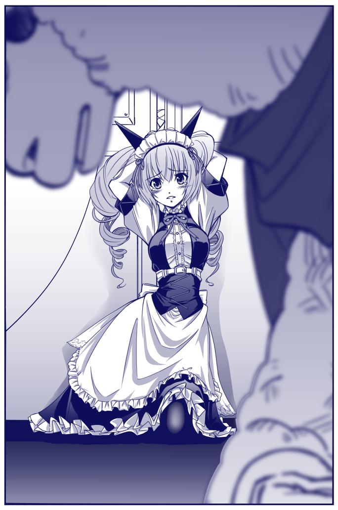 eibon, akiha rumiho, science adventure, steins;gate, commentary request, 1girl, alpacaman, animal ears, apron, belt, belt around waist, belt buckle, black pantyhose, bound, bound wrists, breasts, buckle, clenched teeth, dress, drill hair, frills, long hair, looking at viewer, maid, maid apron, maid headdress, mayqueen maid uniform, medium breasts, monochrome, on one knee, open mouth, pantyhose, parted lips, scared, solo, tearing up, teeth, twin drills, twintails, white belt