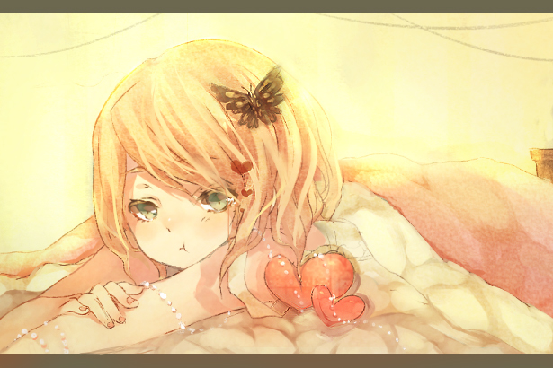 heca, kagamine rin, vocaloid, :t, blonde hair, blush, hair ornament, hairclip, lying, solo