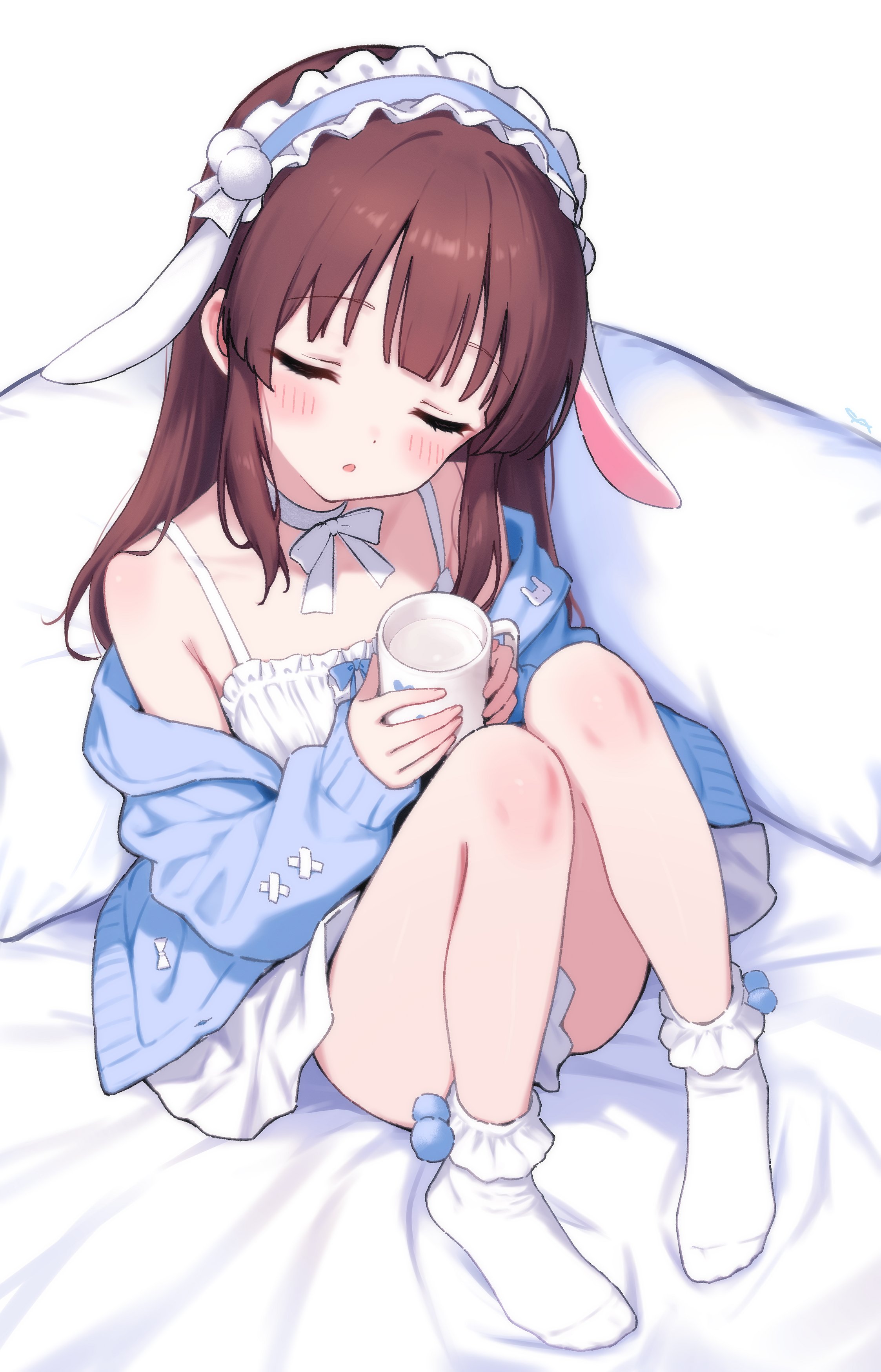 jia wenyuan, ogata chieri, idolmaster, idolmaster cinderella girls, absurdres, highres, 1girl, animal ears, armpit crease, bare shoulders, bed sheet, blue hairband, blue jacket, bow, bow choker, choker, closed eyes, cup, dress, fake animal ears, full body, hairband, head tilt, holding, holding cup, jacket, lolita hairband, long hair, long sleeves, mug, no shoes, open clothes, open jacket, open mouth, pillow, rabbit ears, red hair, sitting, sleeveless, sleeveless dress, socks, solo, white bow, white choker, white dress, white socks