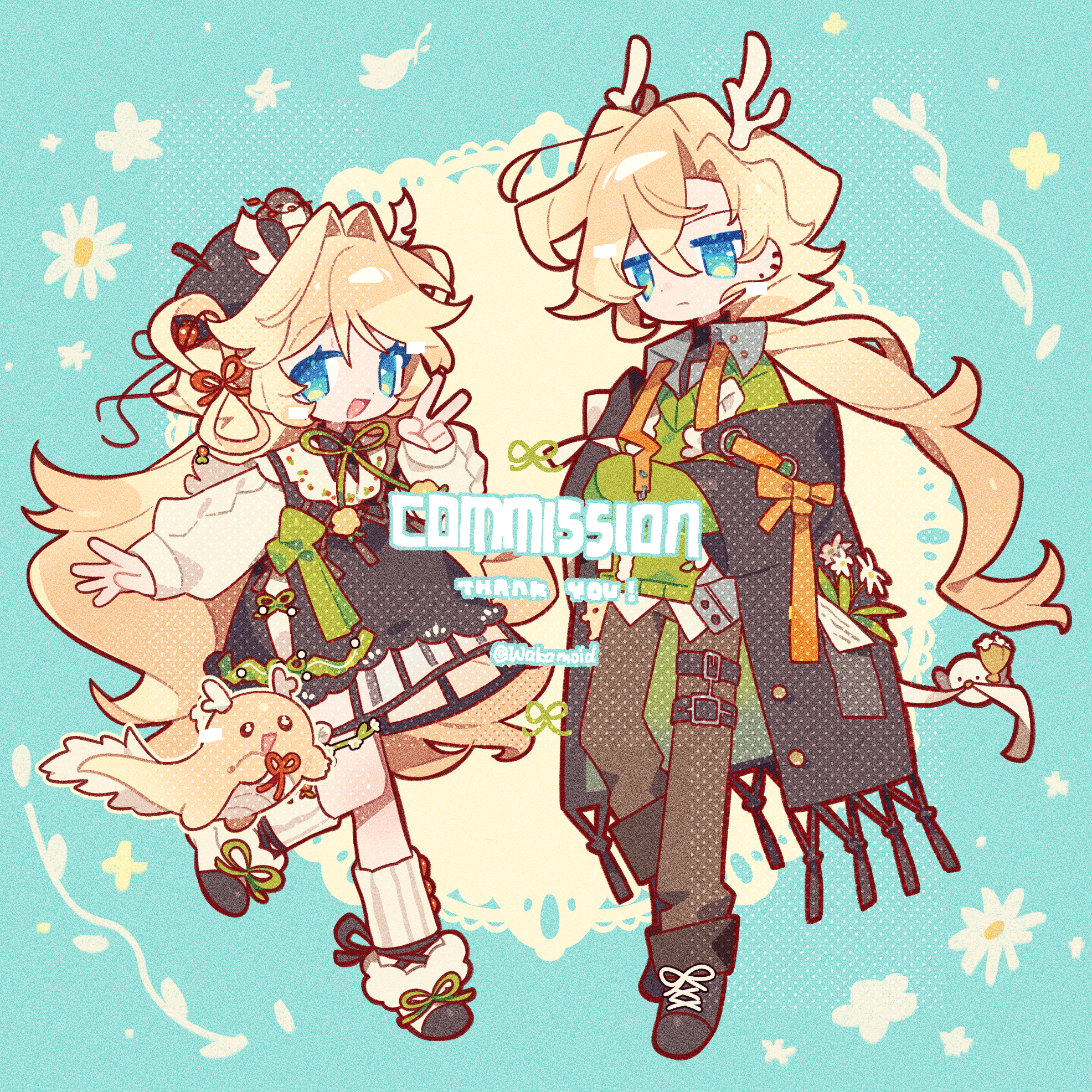 meimei (wakamoid), original, commission, highres, 1boy, 1girl, :d, antlers, black dress, black hat, black shoes, blonde hair, blue background, blue eyes, brown pants, closed mouth, cross-laced shoes, double-parted bangs, dress, full body, green ribbon, green sweater, hair between eyes, hair intakes, hand up, hat, horns, long hair, long sleeves, looking at viewer, neck ribbon, open mouth, pants, ribbed socks, ribbon, shirt, shoes, smile, socks, standing, standing on one leg, sweater, thank you, v, white shirt, white socks