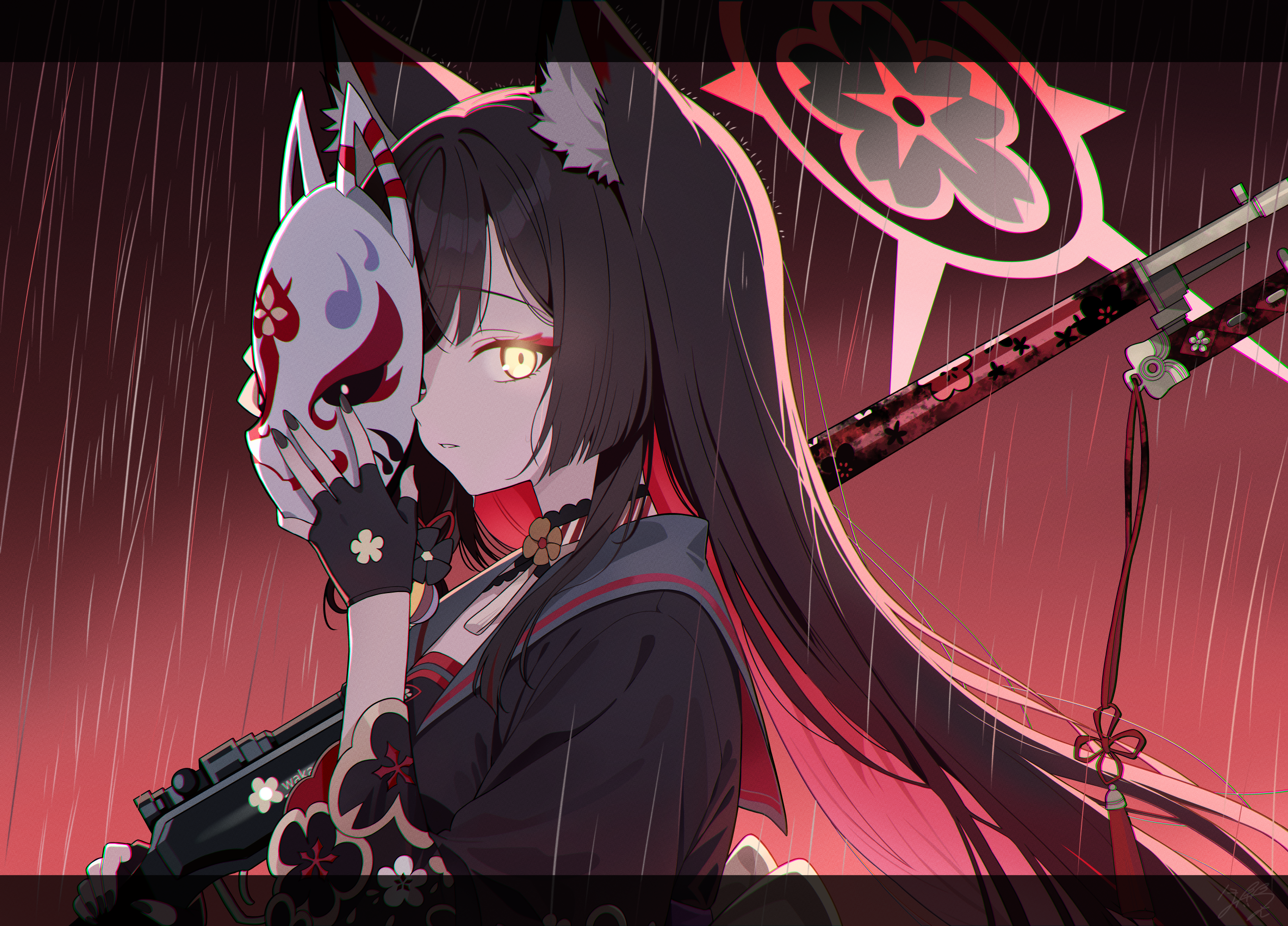 honyara-san, wakamo (blue archive), blue archive, commentary request, highres, 1girl, animal ear fluff, animal ears, arisaka, bayonet, black gloves, black hair, black kimono, black nails, bolt action, colored inner hair, fingerless gloves, fox ears, fox girl, fox mask, gloves, grey sailor collar, gun, halo, holding, holding gun, holding mask, holding weapon, japanese clothes, kimono, long hair, looking at viewer, mask, multicolored hair, parted lips, rain, red hair, red halo, rifle, sailor collar, sidelocks, solo, two-tone hair, weapon, yellow eyes