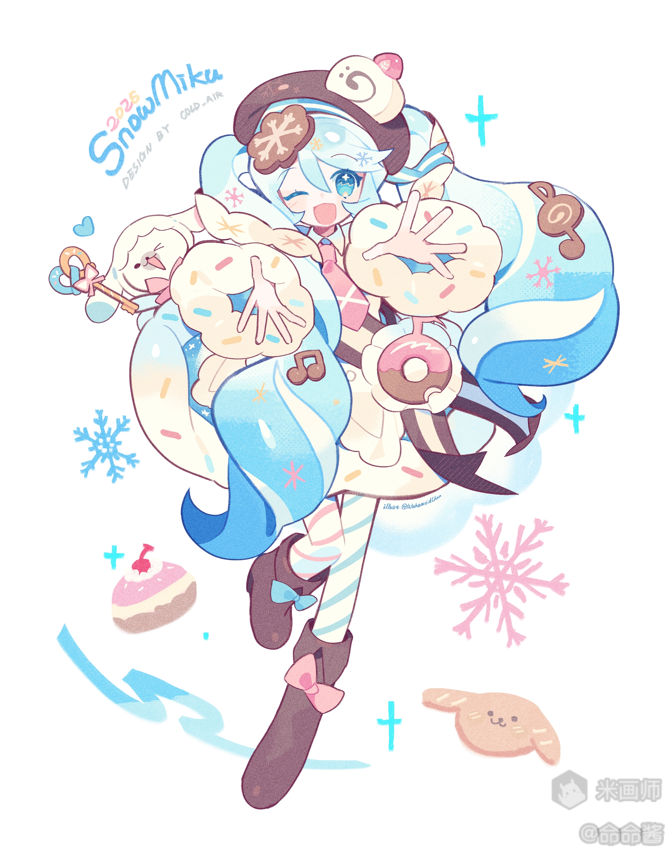 meimei (wakamoid), hatsune miku, rabbit yukine, yuki miku, yuki miku (2026), vocaloid, absurdres, highres, 1girl, ;d, asymmetrical legwear, blue bow, blue dress, blue eyes, blue hair, blue pantyhose, boots, bow, brown boots, brown hat, character name, cookie hair ornament, cupcake, diagonal-striped pantyhose, double-parted bangs, dress, food, food-themed hair ornament, footwear bow, full body, hair between eyes, hair ornament, hat, long hair, long sleeves, looking at viewer, mihuashi username, mismatched legwear, musical note-themed food, necktie, one eye closed, open mouth, outstretched arms, pantyhose, pink bow, pink necktie, pink pantyhose, rabbit, simple background, smile, snowflakes, sparkle, standing, standing on one leg, striped clothes, striped pantyhose, white background, wide sleeves