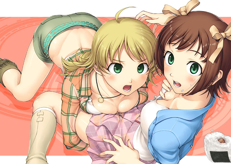 tanaka shoutarou, amami haruka, hoshii miki, idolmaster, idolmaster (classic), 00s, 2girls, ahoge, back, blonde hair, blush, boots, breast press, breasts, brown hair, cleavage, downblouse, food, from above, grabbing another's breast, green eyes, groping, large breasts, looking back, multiple girls, onigiri, ribbon, shorts, surprised, yuri