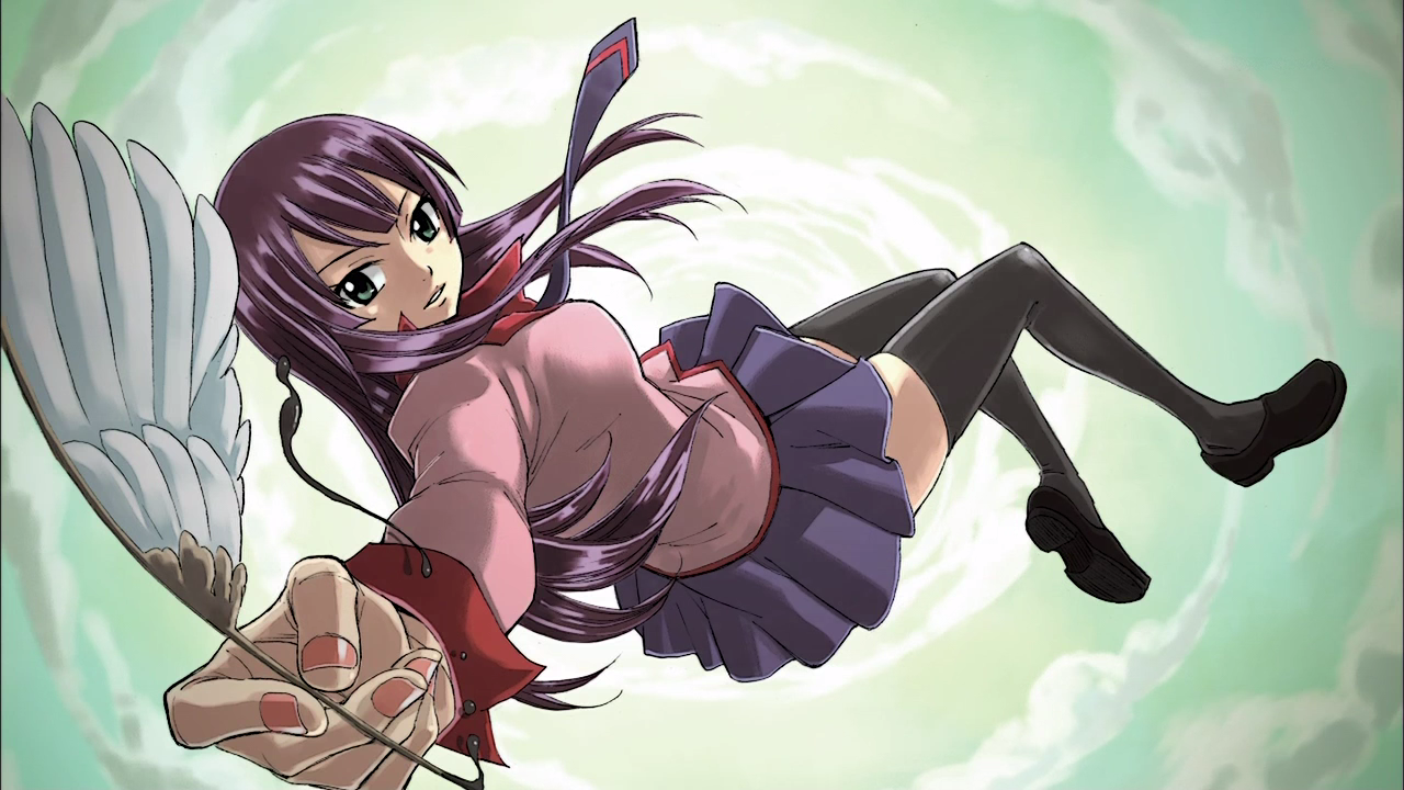 mashima hiro, senjougahara hitagi, bakemonogatari, monogatari (series), 00s, 1girl, falling, female focus, fingernails, foreshortening, green eyes, legs, loafers, long hair, looking at viewer, miniskirt, necktie, pleated skirt, purple hair, quill, school uniform, shoes, skirt, sky, solo, thighhighs, zettai ryouiki