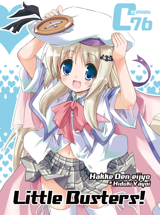 hizuki yayoi, noumi kudryavka, little busters!, silver hair, 1girl, arms up, blue eyes, bow, fang, female focus, hat, long hair, navel, pink bow, plaid clothes, plaid skirt, skirt, solo, thighhighs, zettai ryouiki