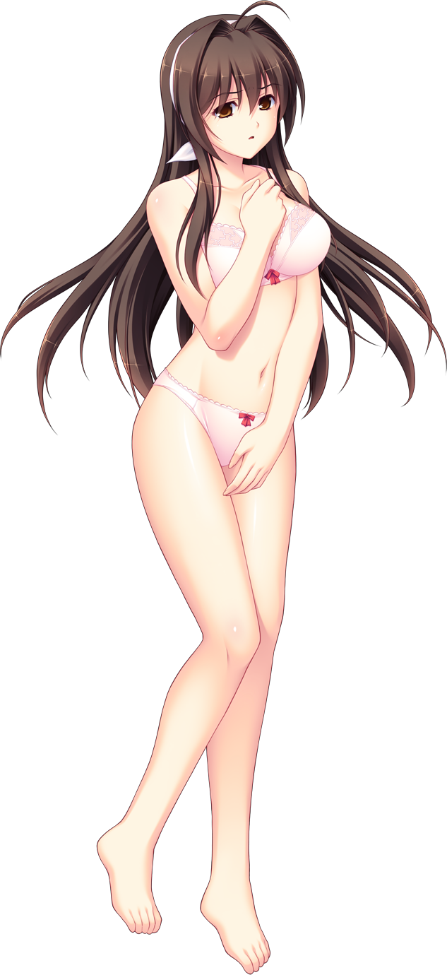 tsukumo kazuita, maishima yuri, nerawareta megami tenshi angel tear, game cg, highres, large variant set, non-web source, official art, variant set, 1girl, ahoge, barefoot, bow, bow bra, bow panties, bra, breasts, brown eyes, brown hair, full body, hair intakes, hairband, hand on own chest, lace, lace-trimmed bra, lace-trimmed panties, lace trim, large breasts, long hair, navel, panties, pink bra, pink panties, ribbon, solo, tachi-e, transparent background, underwear, underwear only, white bra, white panties