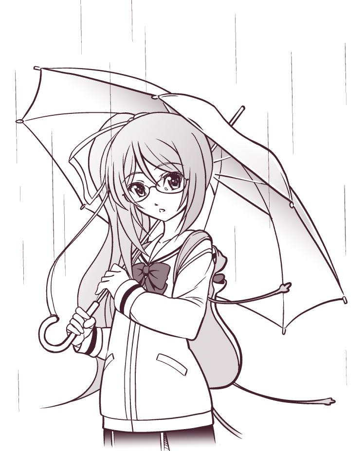 eibon, yamazoe uki, chaos;child, science adventure, commentary request, 1girl, animal bag, bow, cardigan, chest bow, collarbone, gero-froggy, glasses, greyscale, hekiho academy school uniform, holding, holding umbrella, long hair, long sleeves, looking at viewer, monochrome, one side up, parted lips, rain, ribbon, round eyewear, sailor collar, school uniform, solo, umbrella, white ribbon, white sailor collar