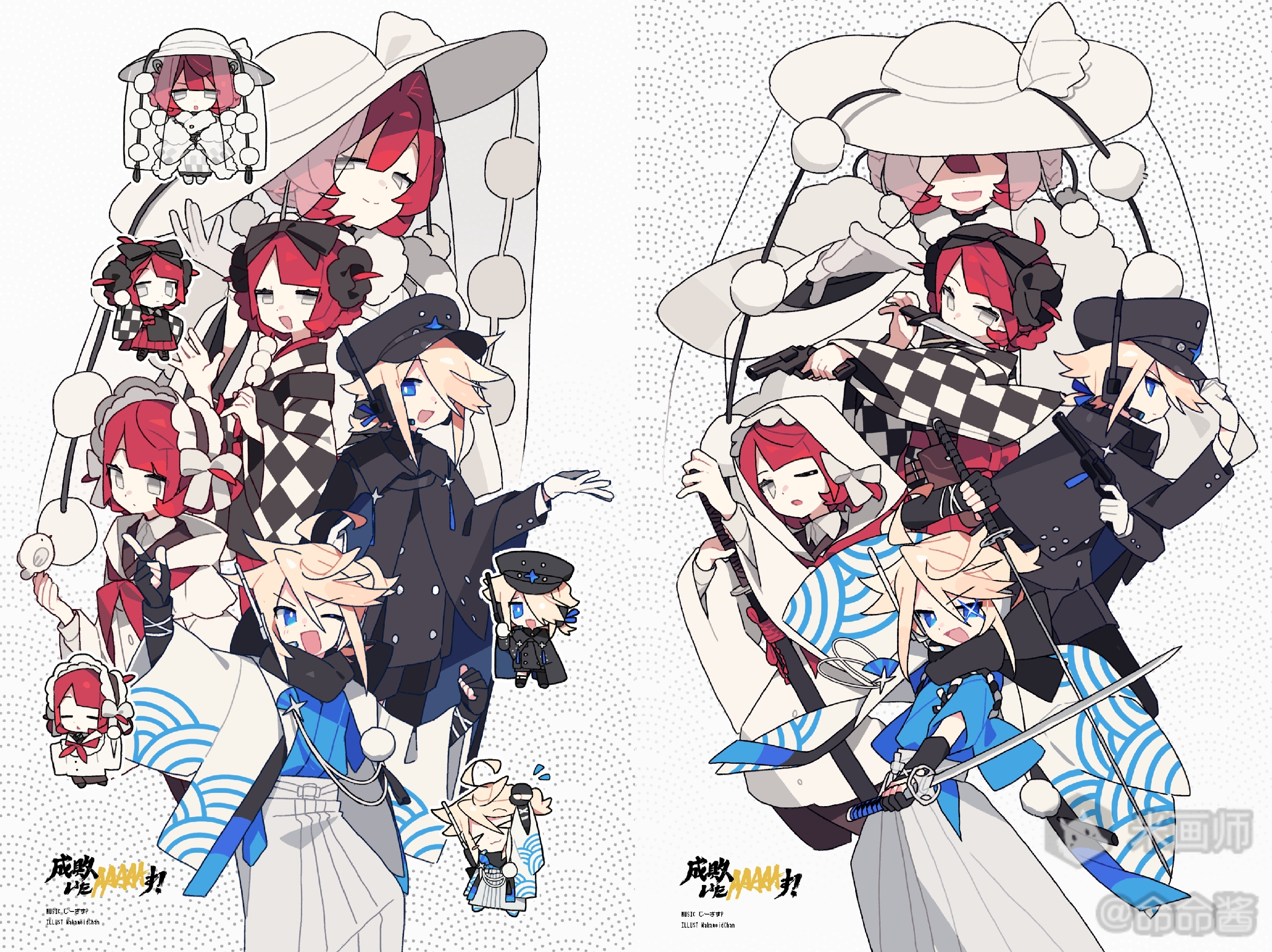 meimei (wakamoid), original, highres, 2boys, 3girls, :d, ;d, black hat, blonde hair, blue eyes, blue kimono, blunt bangs, bright pupils, chibi, closed mouth, dango, double-parted bangs, food, frilled hairband, frills, grey eyes, hair between eyes, hair over one eye, hairband, hakama, haori, hat, holding, holding food, holding sword, holding weapon, japanese clothes, kimono, long sleeves, looking at viewer, mihuashi username, multiple boys, multiple girls, multiple views, one eye closed, open mouth, red hair, short hair, smile, sword, symbol-shaped pupils, wagashi, weapon, white background, white hakama, white hat, white pupils, wide sleeves, x-shaped pupils