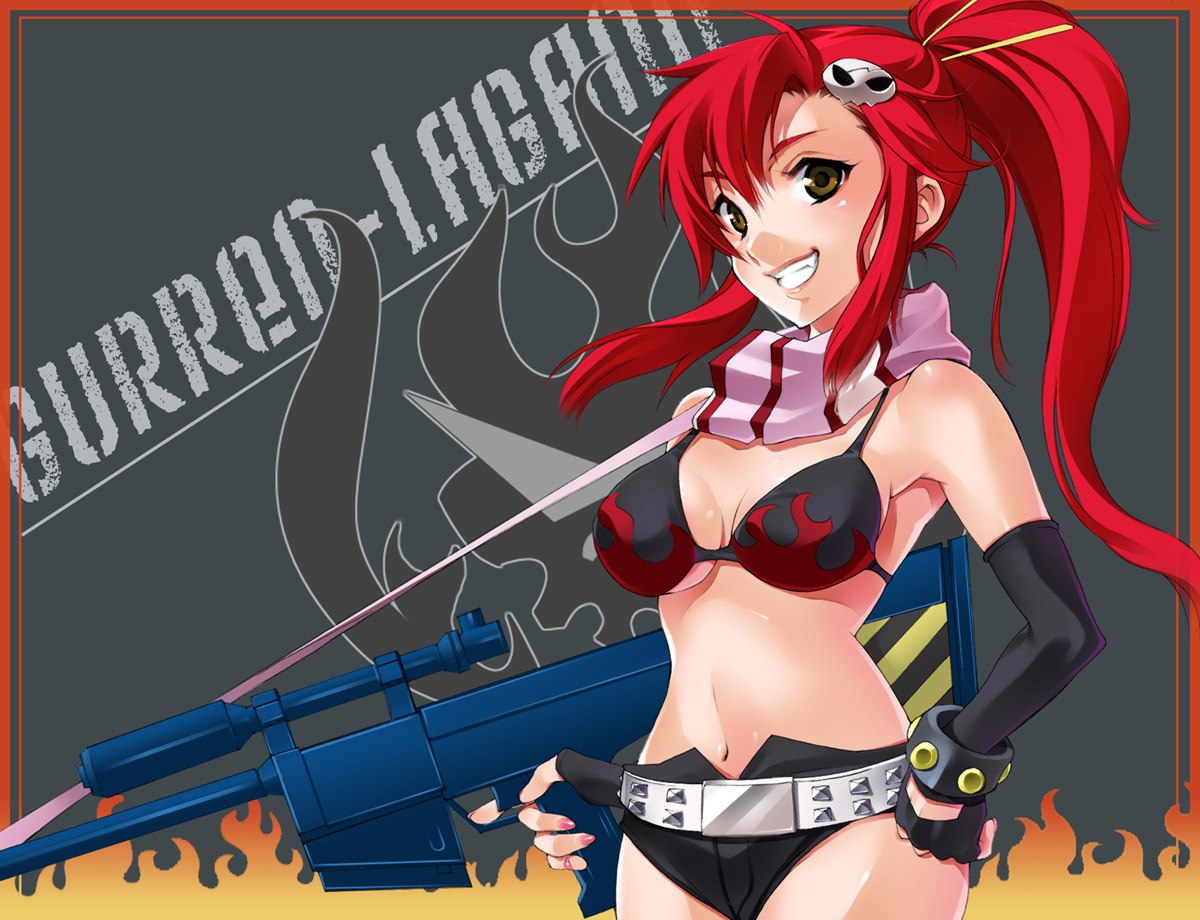 azu, yoko littner, tengen toppa gurren lagann, 00s, 1girl, anti-materiel rifle, belt, bikini, bikini top only, black bikini, breasts, brown eyes, cleavage, elbow gloves, female focus, fingerless gloves, fire, gloves, grin, gun, hair ornament, hand on own hip, hip focus, large breasts, long hair, midriff, ponytail, red hair, rifle, scarf, short shorts, shorts, smile, sniper rifle, solo, studded belt, swimsuit, underboob, weapon