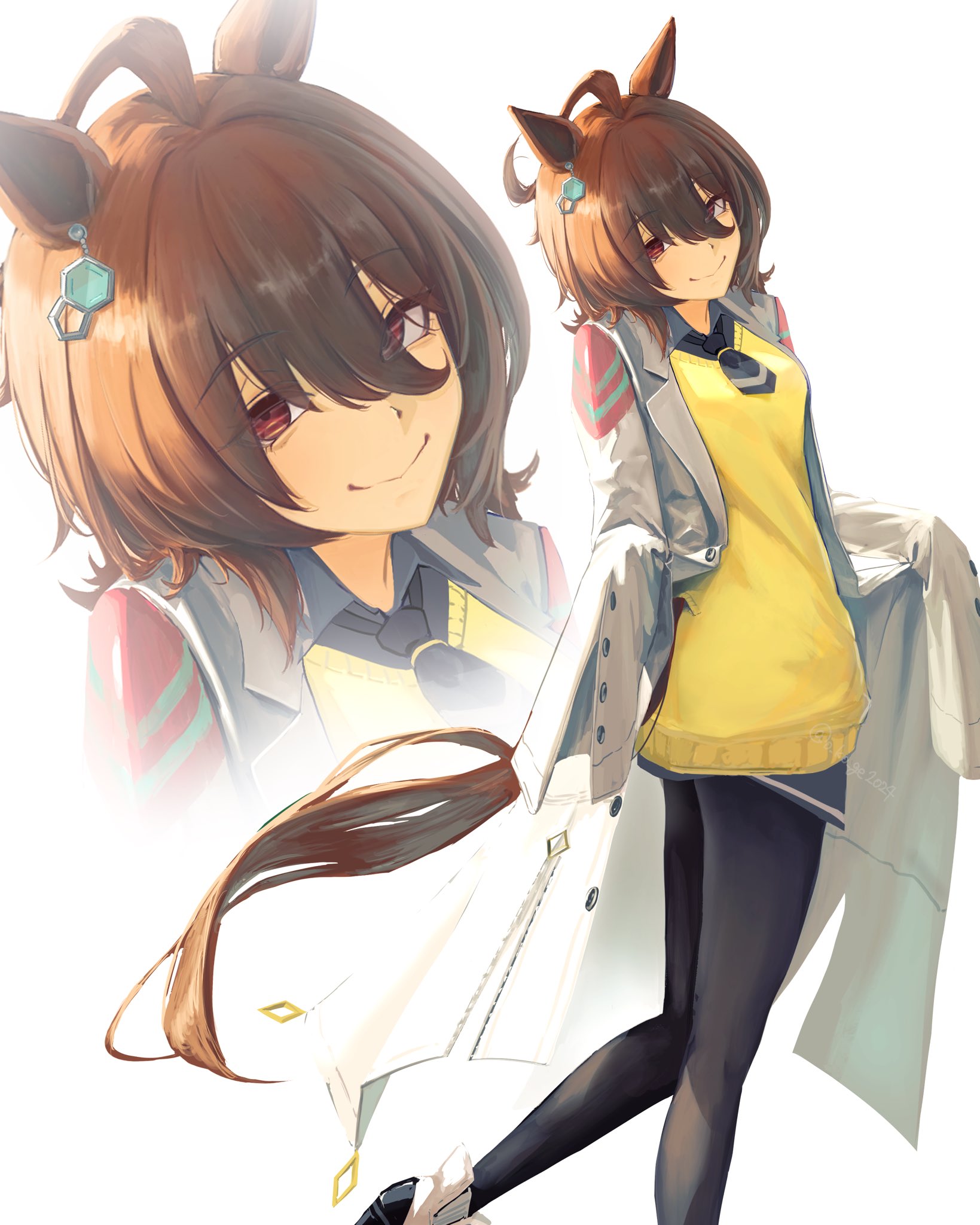 o ko ge2024, agnes tachyon (tach-nology) (umamusume), agnes tachyon (umamusume), umamusume, commentary, highres, symbol-only commentary, 1girl, animal ears, black pantyhose, blue necktie, blue shirt, blush, brown hair, closed mouth, hair between eyes, horse ears, horse girl, horse tail, lab coat, looking at viewer, necktie, pantyhose, red eyes, shirt, shirt under sweater, shoes, short hair, sleeves past fingers, sleeves past wrists, smile, solo, sweater, tail, white shoes, yellow sweater, zoom layer