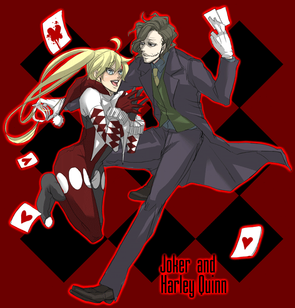 yohei, harley quinn, the joker, batman (series), dc comics, the dark knight, 1boy, 1girl, animification, blonde hair, blue eyes, bodysuit, card, couple, glasgow smile, gloves, grey hair, hetero, jester, long hair, open mouth, twintails