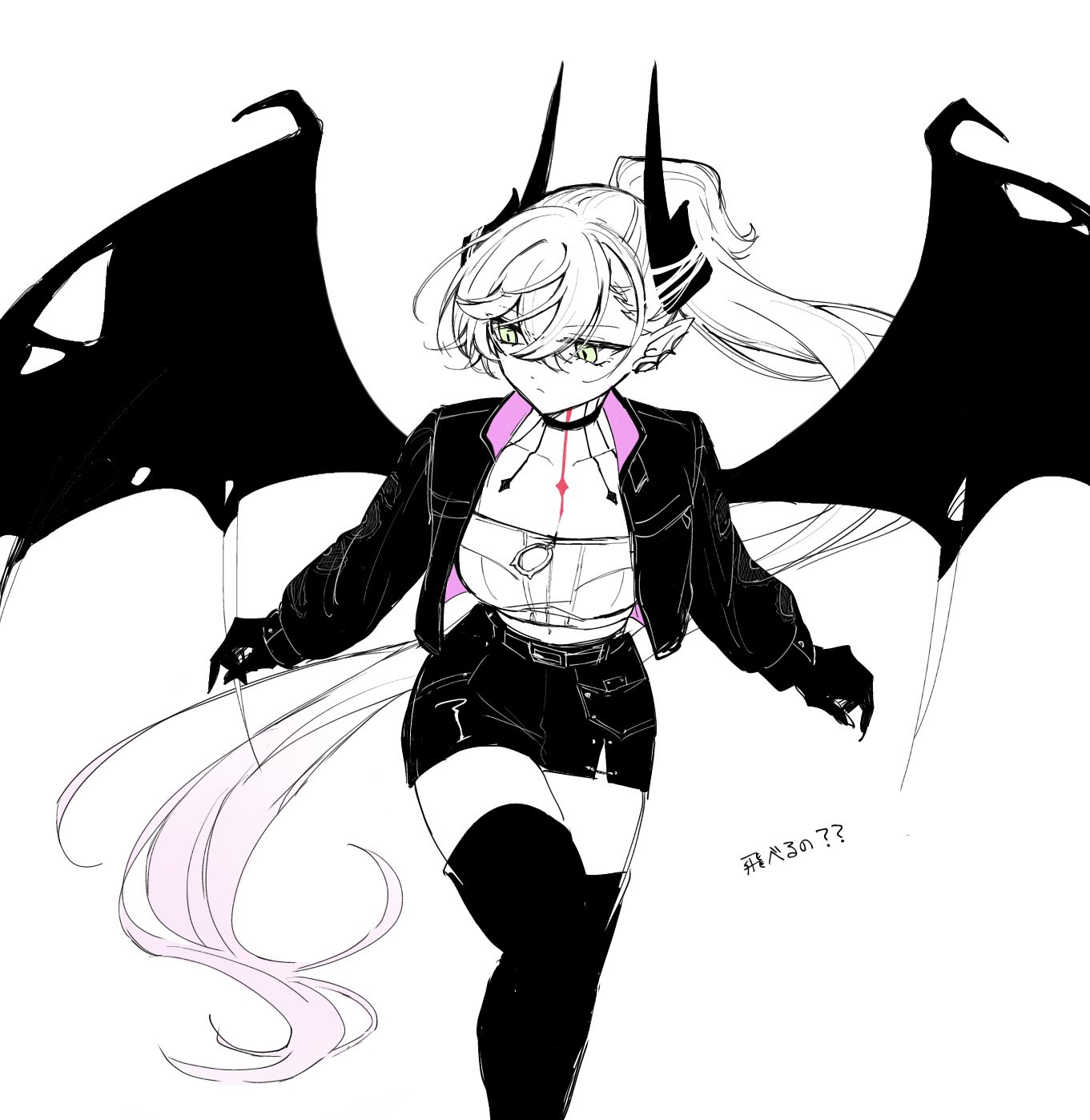 mo (aabx315), lilith (fate), fate/grand order, fate (series), highres, bat wings, black thighhighs, breasts, collarbone, demon horns, earrings, gradient hair, green eyes, horns, jewelry, large breasts, lilith (over the same sky) (fate), multicolored hair, neck tattoo, pencil skirt, pink hair, ponytail, single earring, skirt, tattoo, thighhighs, white hair, wings