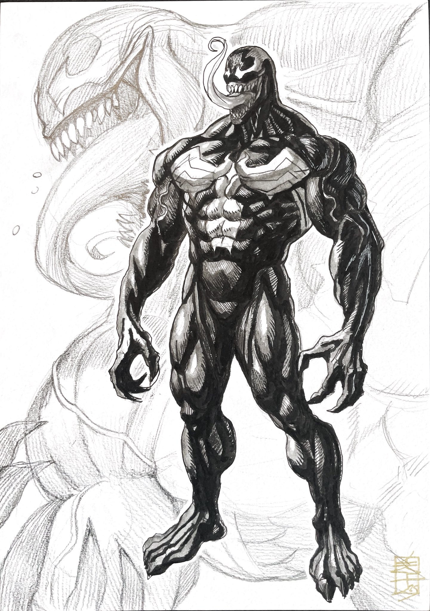 acecore2k, venom (marvel), marvel, spider-man (series), commentary, english commentary, g-pen (medium), graphite (medium), highres, pen (medium), traditional media, 1boy, abs, full body, greyscale, hatching (texture), long tongue, male focus, monochrome, monster boy, muscular, muscular male, profile, sharp teeth, sketch, solo, teeth, tongue, veins, veiny arms, very long tongue