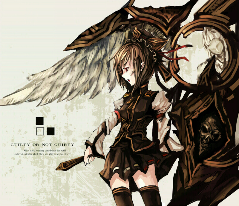 makai no juumin, shiki eiki, touhou, bad id, bad pixiv id, 1girl, english text, engrish text, female focus, ranguage, rod of remorse, skull, solo, thighhighs, wings