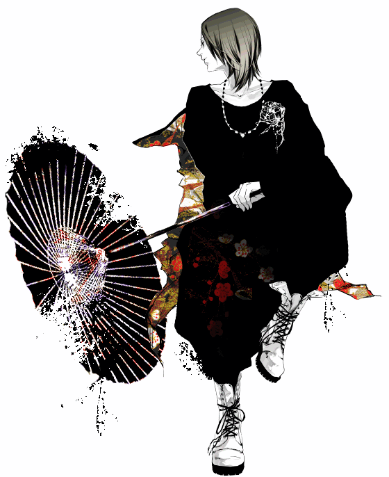 diesel, ykmr (haga), original, bad id, bad pixiv id, 1girl, boots, brown hair, female focus, japanese clothes, jewelry, necklace, oil-paper umbrella, pale skin, short hair, simple background, solo, umbrella