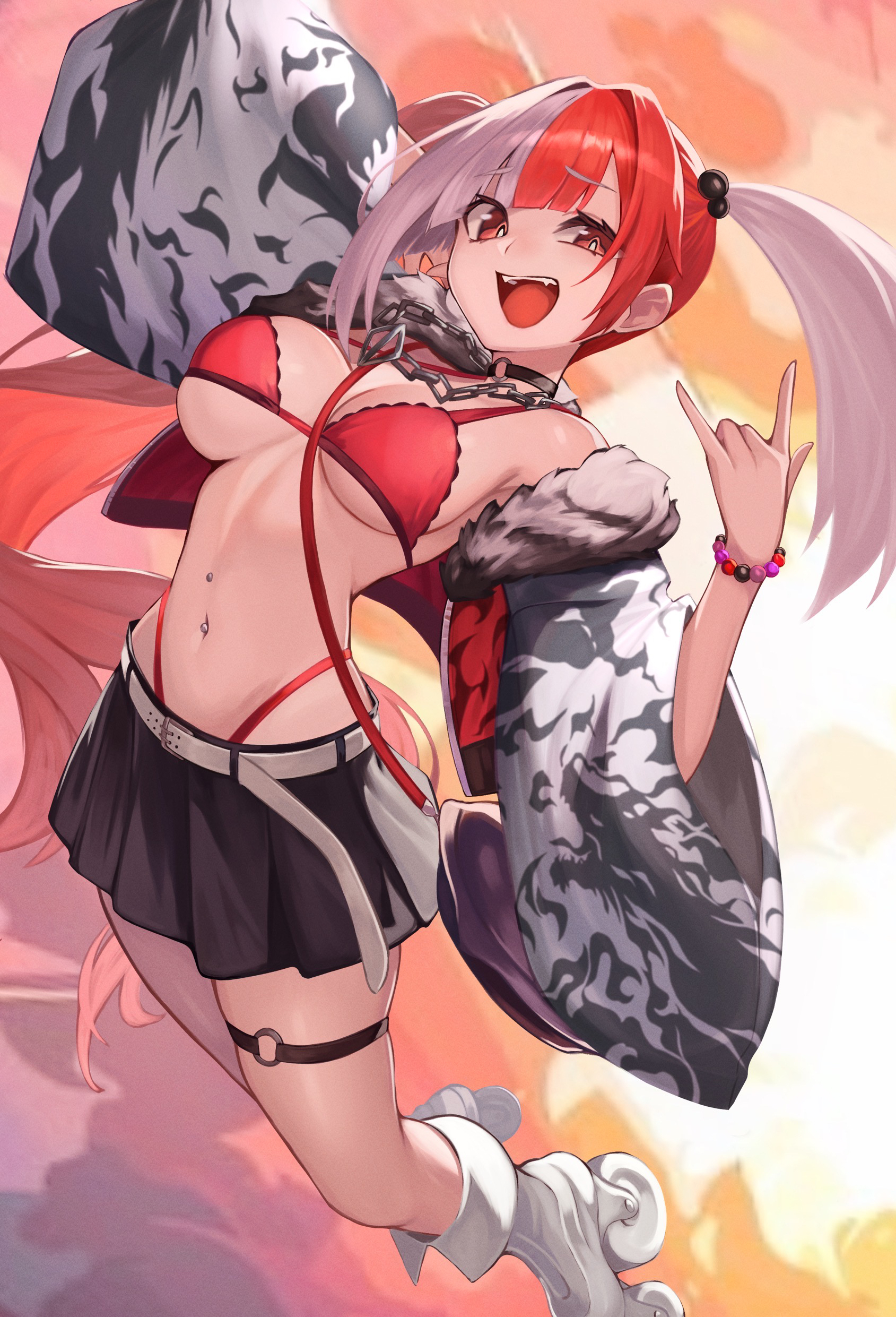 genshu doki, matsunaga hisahide (fate), fate/grand order, fate (series), absurdres, commentary request, highres, 1girl, bikini, black skirt, blush, bright pupils, chain, full body, high-waist bikini, jacket, long hair, looking at viewer, multicolored hair, navel, navel piercing, open clothes, open mouth, piercing, pleated skirt, print jacket, red bikini, red eyes, red hair, roller skates, skates, skirt, smile, solo, split-color hair, swimsuit, thigh strap, twintails, two-tone hair, white hair, white pupils, wide sleeves