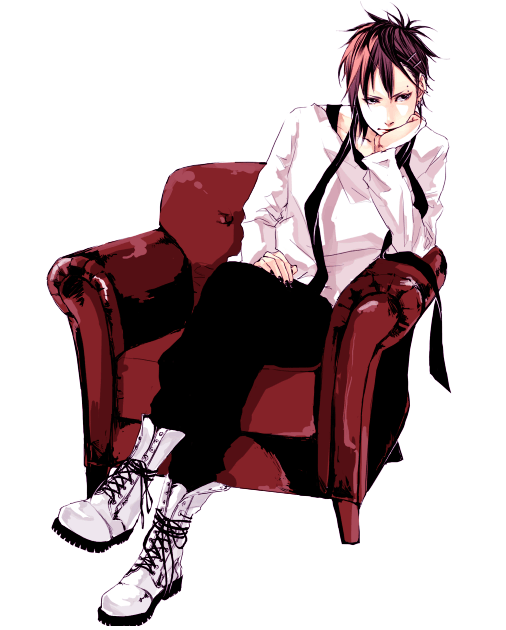 diesel, ykmr (haga), original, bad id, bad pixiv id, gender request, androgynous, boots, brown hair, chair, crossed legs, hair ornament, hairclip, head rest, nail polish, short hair, sitting, solo