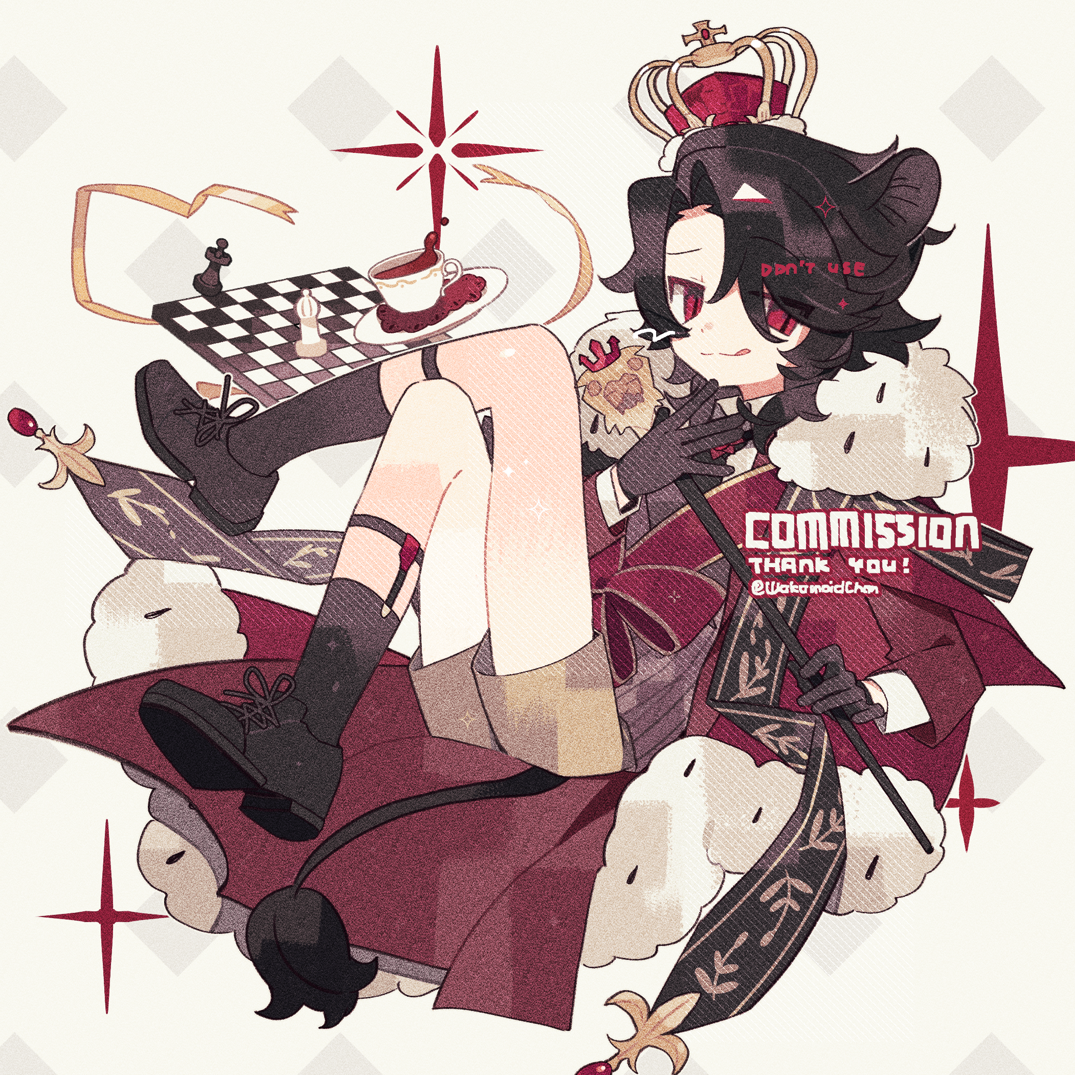 meimei (wakamoid), original, commission, highres, 1girl, :q, black hair, black shoes, black socks, brown gloves, brown shorts, cape, chess piece, chessboard, closed mouth, cross-laced shoes, crown, cup, full body, fur-trimmed cape, fur trim, gloves, holding, holding staff, jacket, legwear garter, long sleeves, looking at viewer, parted bangs, red cape, red eyes, red jacket, saucer, shoes, short hair, shorts, socks, solo, staff, tea, teacup, thank you, tongue, tongue out, twitter username