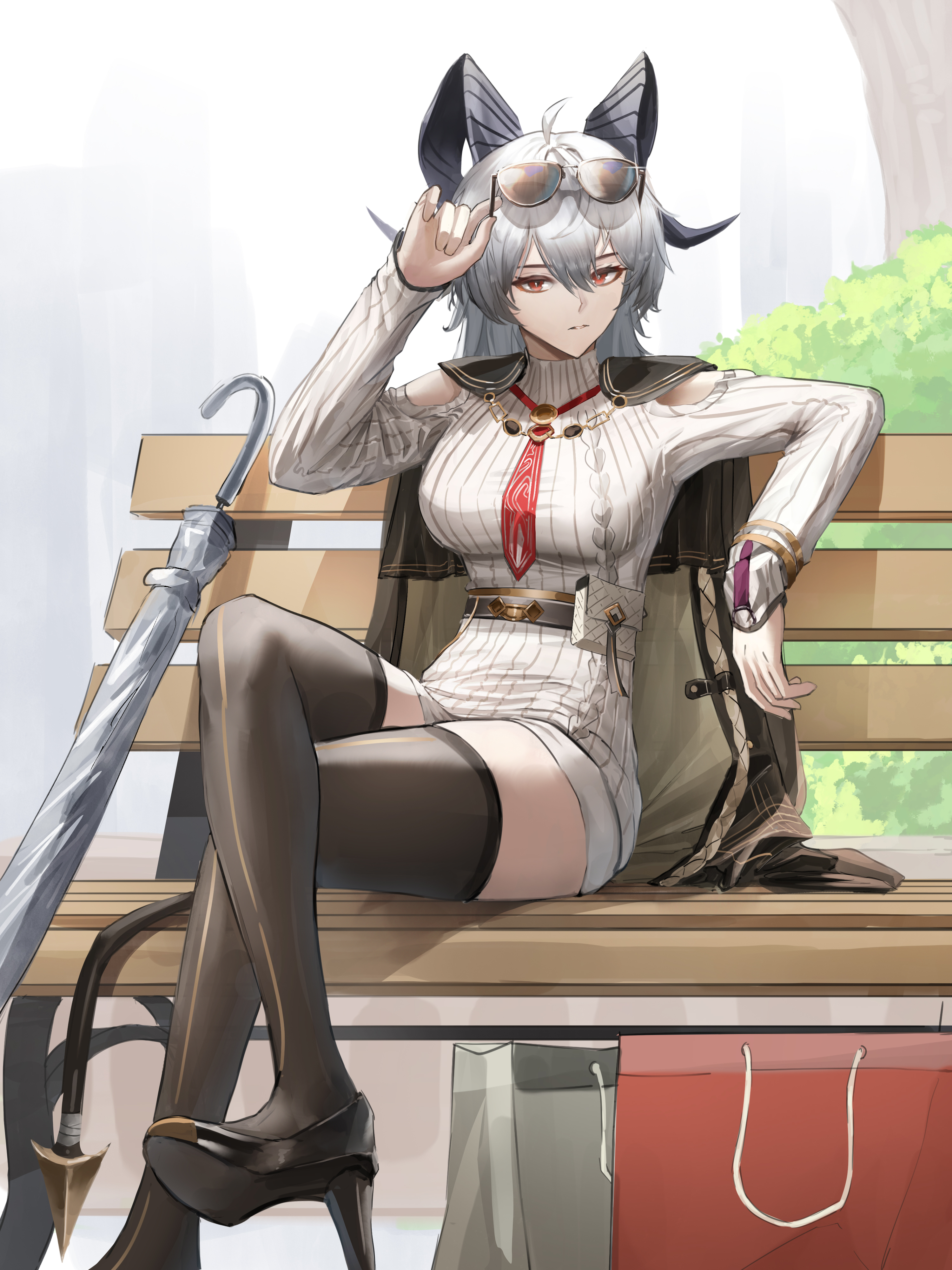 angelo (angeloart26), zani (downtown repose) (wuthering waves), zani (wuthering waves), wuthering waves, large arm, absurdres, commentary, english commentary, highres, 1girl, adjusting eyewear, ahoge, bag, black horns, black jacket, black shoes, black tail, black thighhighs, closed umbrella, clothing cutout, crossed legs, curled horns, dress, grey dress, grey shorts, hair between eyes, high heels, horns, jacket, jacket on shoulders, long hair, long sleeves, looking at viewer, official alternate costume, on bench, parted lips, red eyes, shoes, shopping bag, shorts, shoulder cutout, sitting, solo, sunglasses, sweater, sweater dress, tail, thighhighs, thighs, turtleneck, turtleneck dress, umbrella
