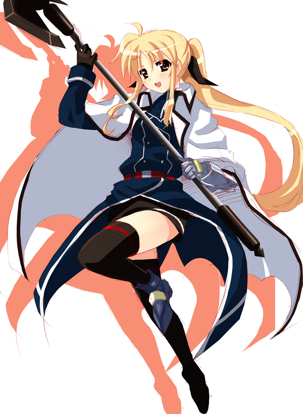 iga tamaki, bardiche (assault form) (nanoha), bardiche (nanoha), fate testarossa, fate testarossa (impulse form), lyrical nanoha, mahou shoujo lyrical nanoha, mahou shoujo lyrical nanoha strikers, highres, 00s, blonde hair, cape, gloves, long hair, solo, thighhighs, zettai ryouiki