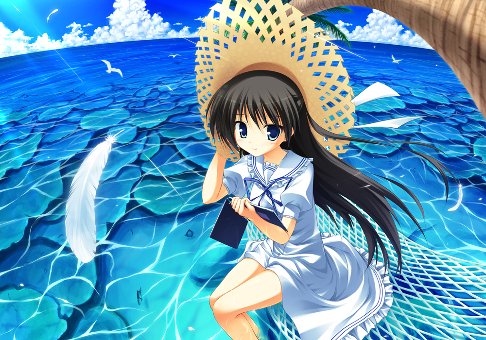 yuku (kiollion), kousaka chihaya, natsuzora kanata, visual art's, 1girl, black hair, blue eyes, book, cloud, day, dress, feathers, female focus, fisheye, hat, long hair, ocean, sitting, soaking feet, solo, transparent, water