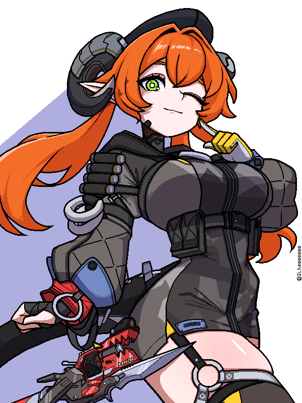 ji heeeeeee, magus (zenless zone zero), orphie magnusson, zenless zone zero, commentary, symbol-only commentary, 1girl, ammunition, ammunition pouch, asymmetrical gloves, black hat, black horns, blue background, breasts, bright pupils, brown thighhighs, cowboy shot, curled horns, dragon girl, dragon horns, dress, finger to cheek, fingerless gloves, gloves, green eyes, gun, hair between eyes, hair intakes, hat, horns, knife, large breasts, long hair, looking at viewer, mechanical horns, mechanical tail, mismatched gloves, one eye closed, orange hair, pointy ears, pouch, single fingerless glove, skindentation, tail, thighhighs, thighs, twintails, twitter username, two-tone background, weapon, white background, white pupils, yellow gloves, zipper dress