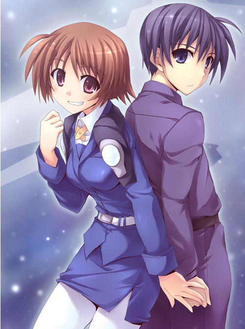 kusakami akira, amy limietta, chrono harlaown, lyrical nanoha, mahou shoujo lyrical nanoha, mahou shoujo lyrical nanoha strikers, 00s, back-to-back, holding hands, pantyhose, white pantyhose