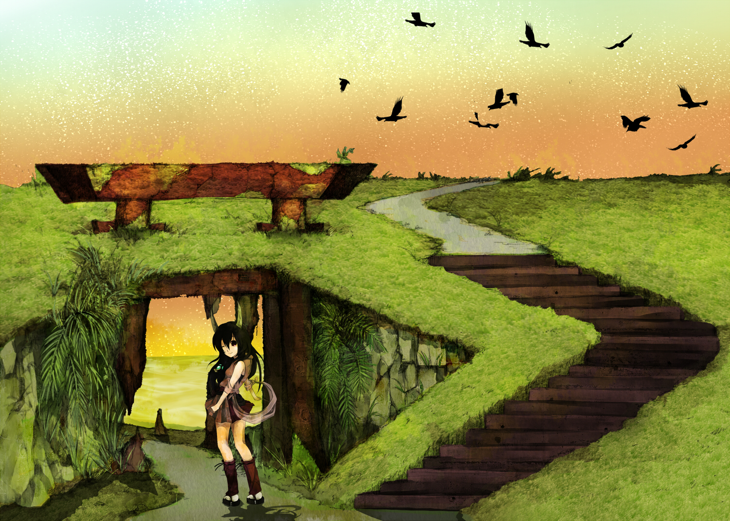 shinta (artist), tokoroten (hmmuk), naga (staygarden), ryuujin naga, bad id, bad pixiv id, 1girl, bare shoulders, bird, black hair, female focus, horns, landscape, long hair, looking back, one eye closed, purple eyes, scenery, smile, solo, stairs, torii, wink